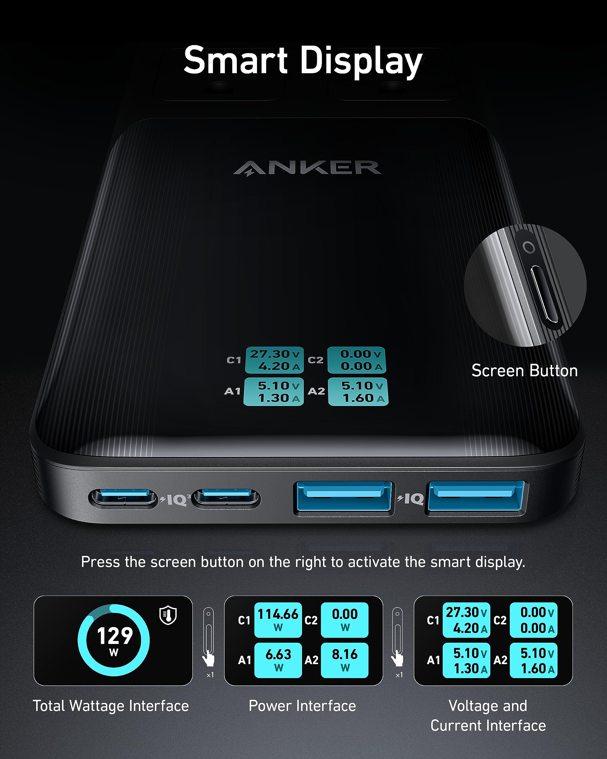 Anker power bank with smart display on a dark background