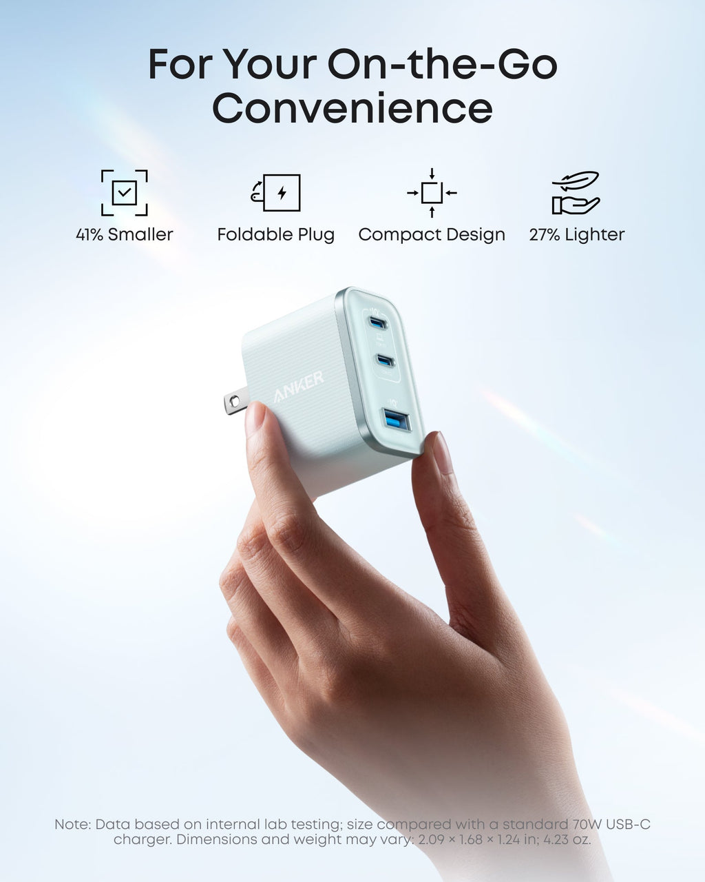 Compact USB-C charger held by a hand with features listed on a light blue background