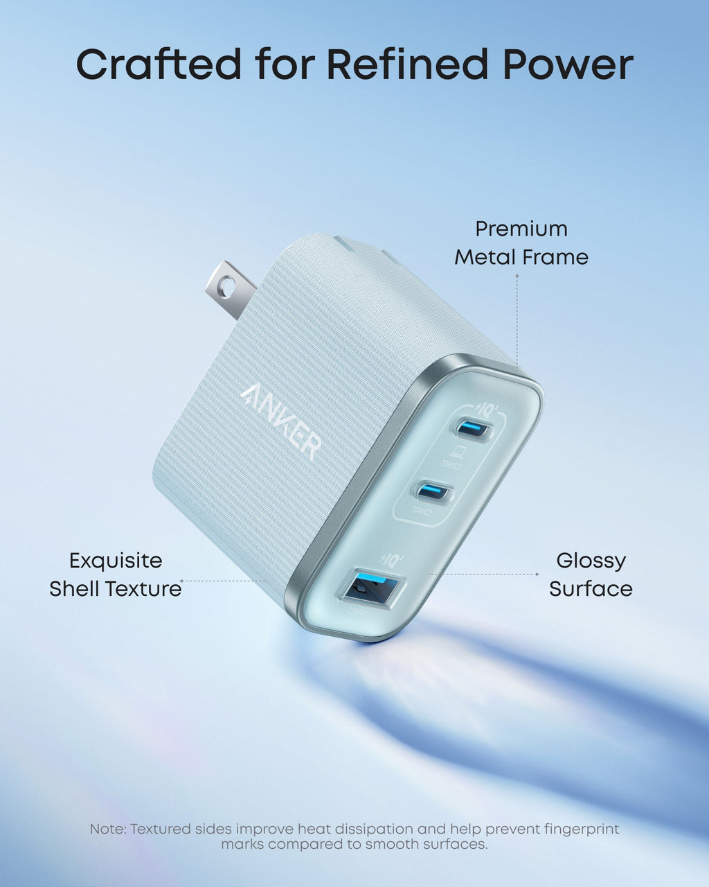 Anker power adapter with text highlighting features on a blue background