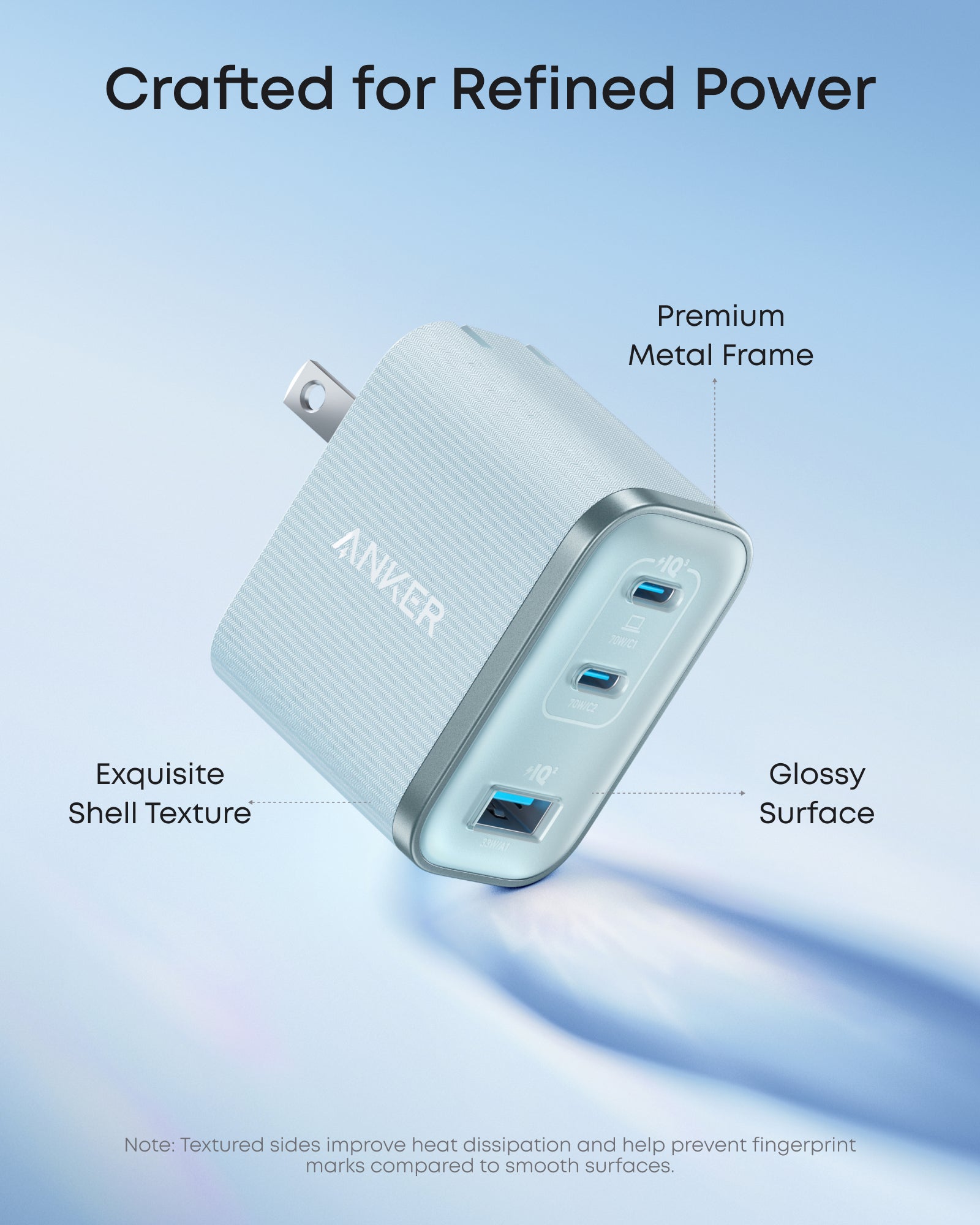 Anker power adapter with text highlighting features on a blue background