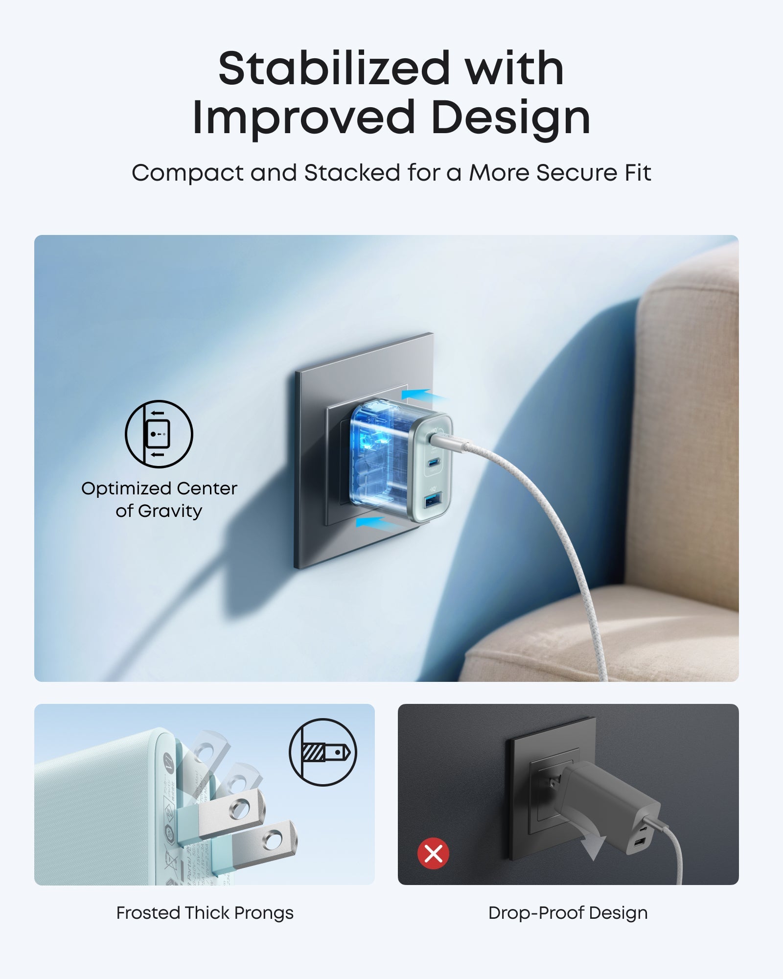 Electrical outlet with features highlighted on a light blue background