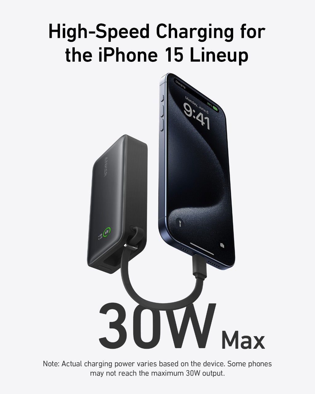 Phone with charging cable and power bank on a white background, promoting high-speed charging for iPhone 15 lineup.