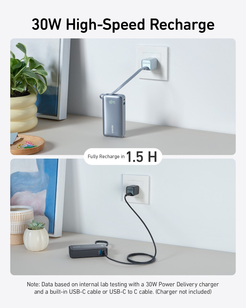 30W high-speed recharge device being used to charge a phone with text indicating charging time.