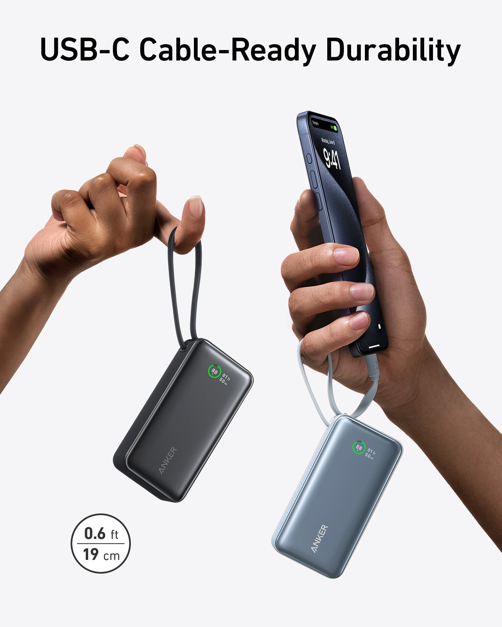 Two hands holding a smartphone and a power bank with USB-C cable, emphasizing durability.