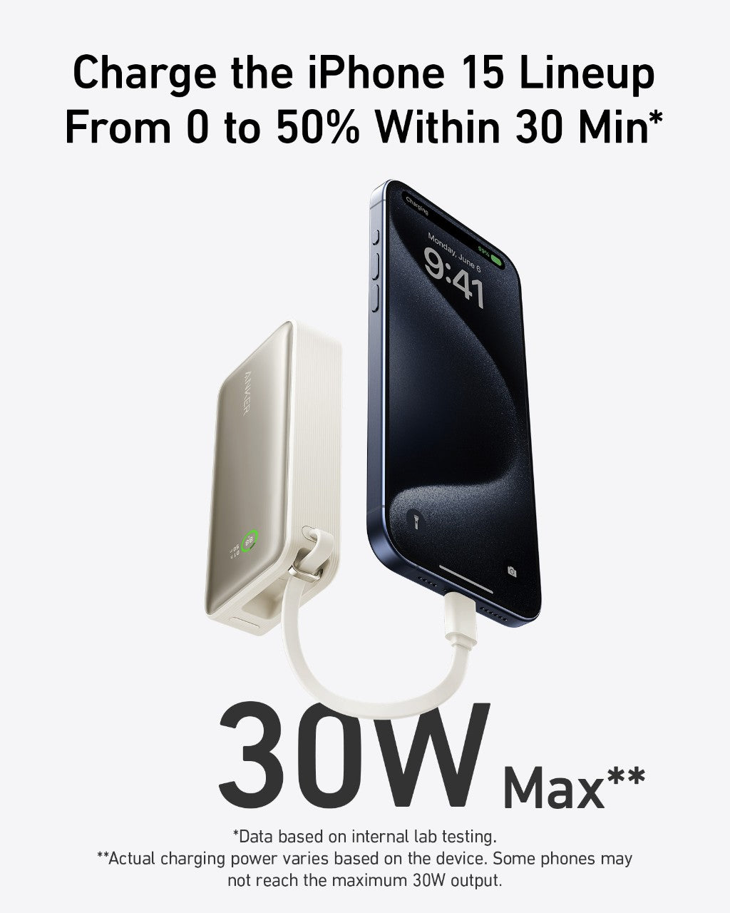 Phone charger with text about charging the iPhone 15 lineup, showing a 30W max output.