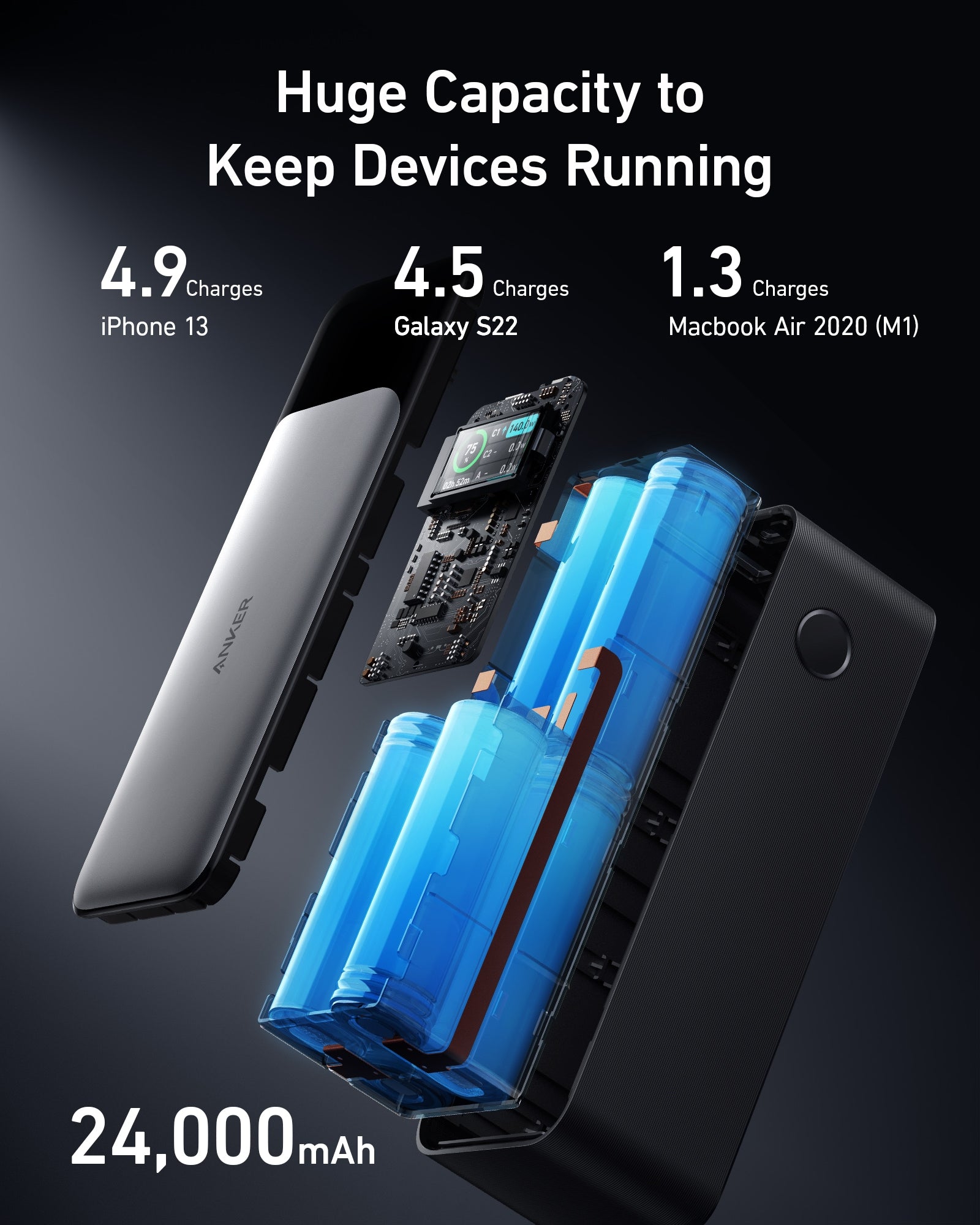 Battery pack with blue interior and smartphone, showing charging capacity for Apple and Samsung devices.