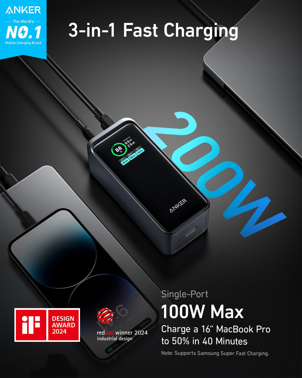 Anker 3-in-1 fast charging device with 200W text and design awards on a black background