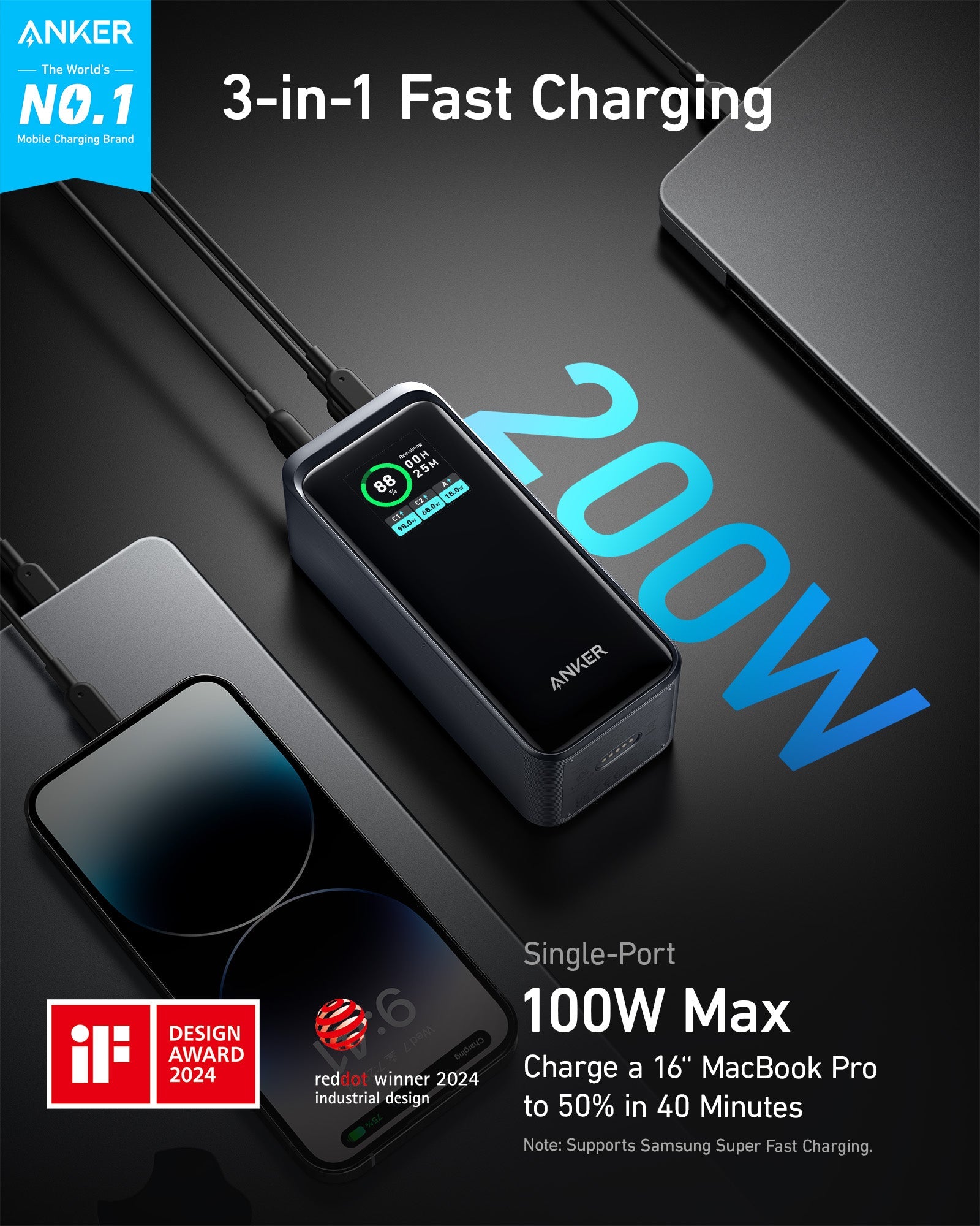 Anker 3-in-1 fast charging device with 200W text and design awards on a black background