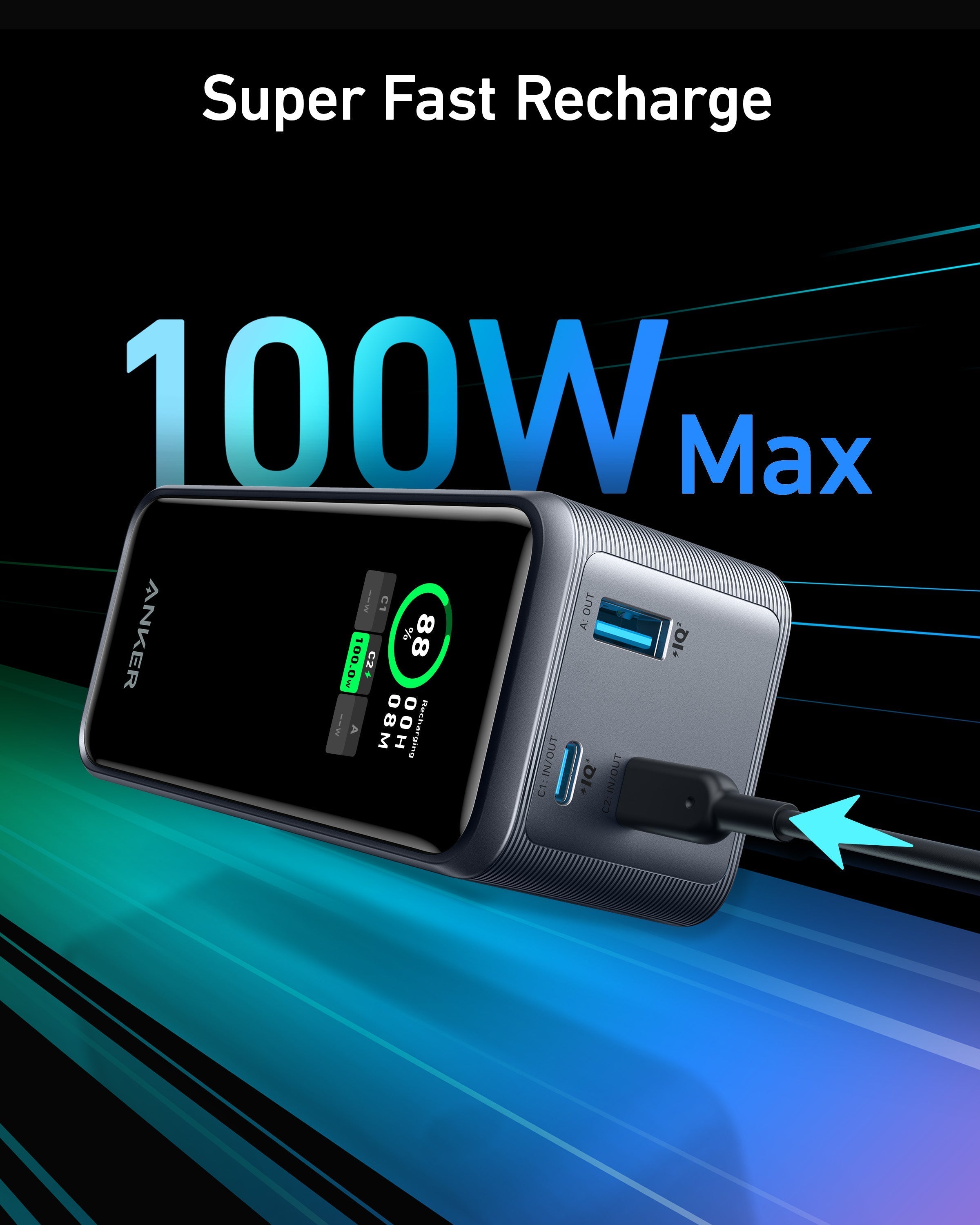 Anker power adapter with 'Super Fast Recharge 100W Max' text on a black and blue gradient background.