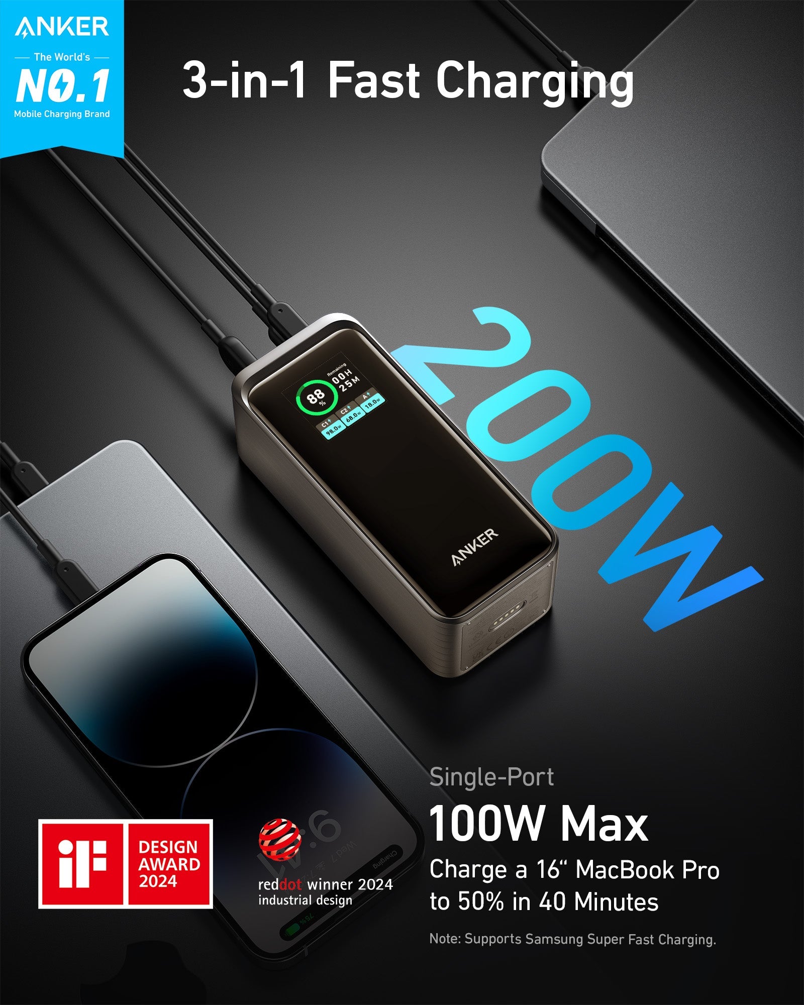 Anker 3-in-1 fast charging device with text highlighting features on a dark background