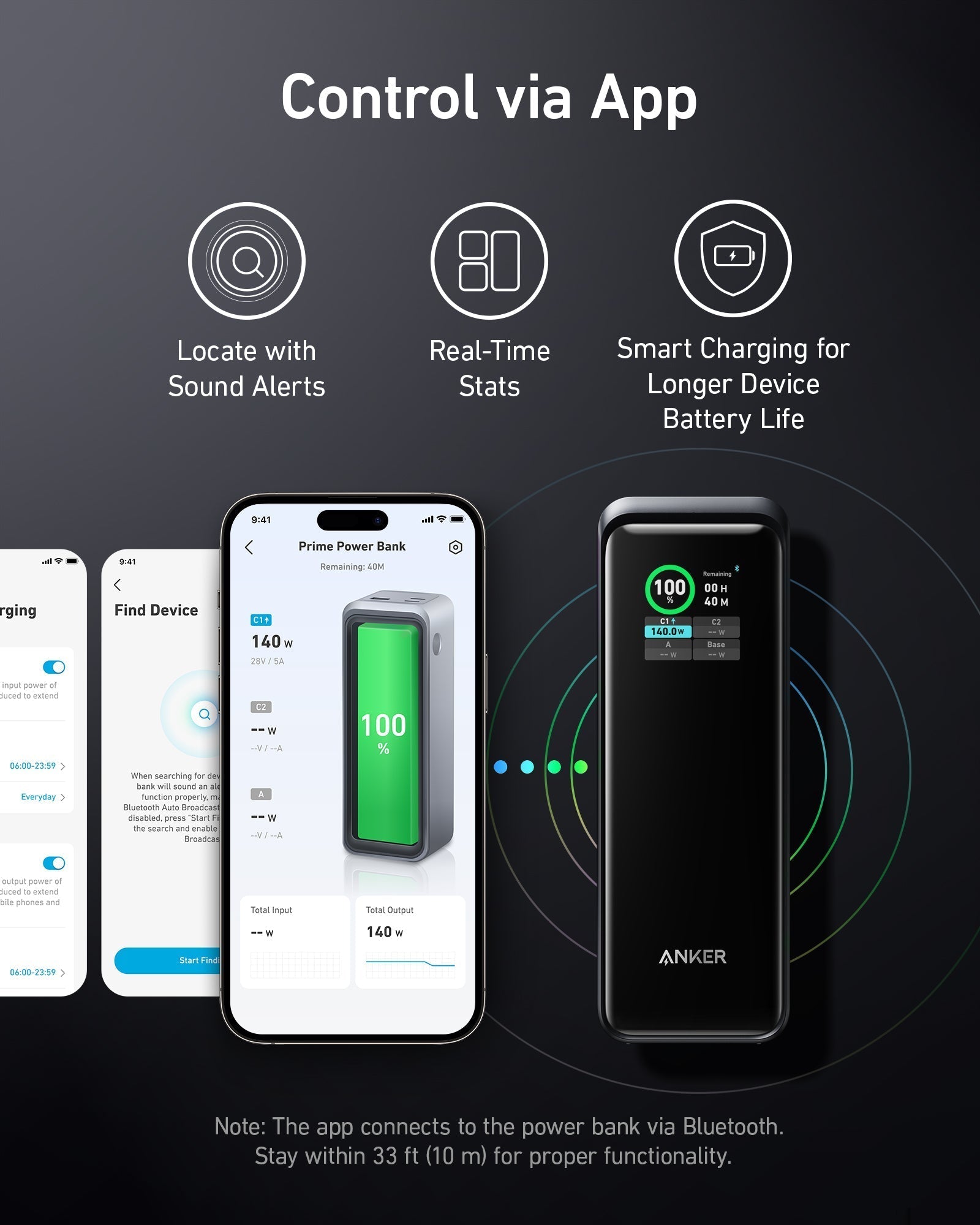 Anker power bank with app control features on a dark background