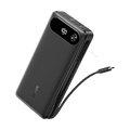 Black power bank with digital display and USB cable on a white background