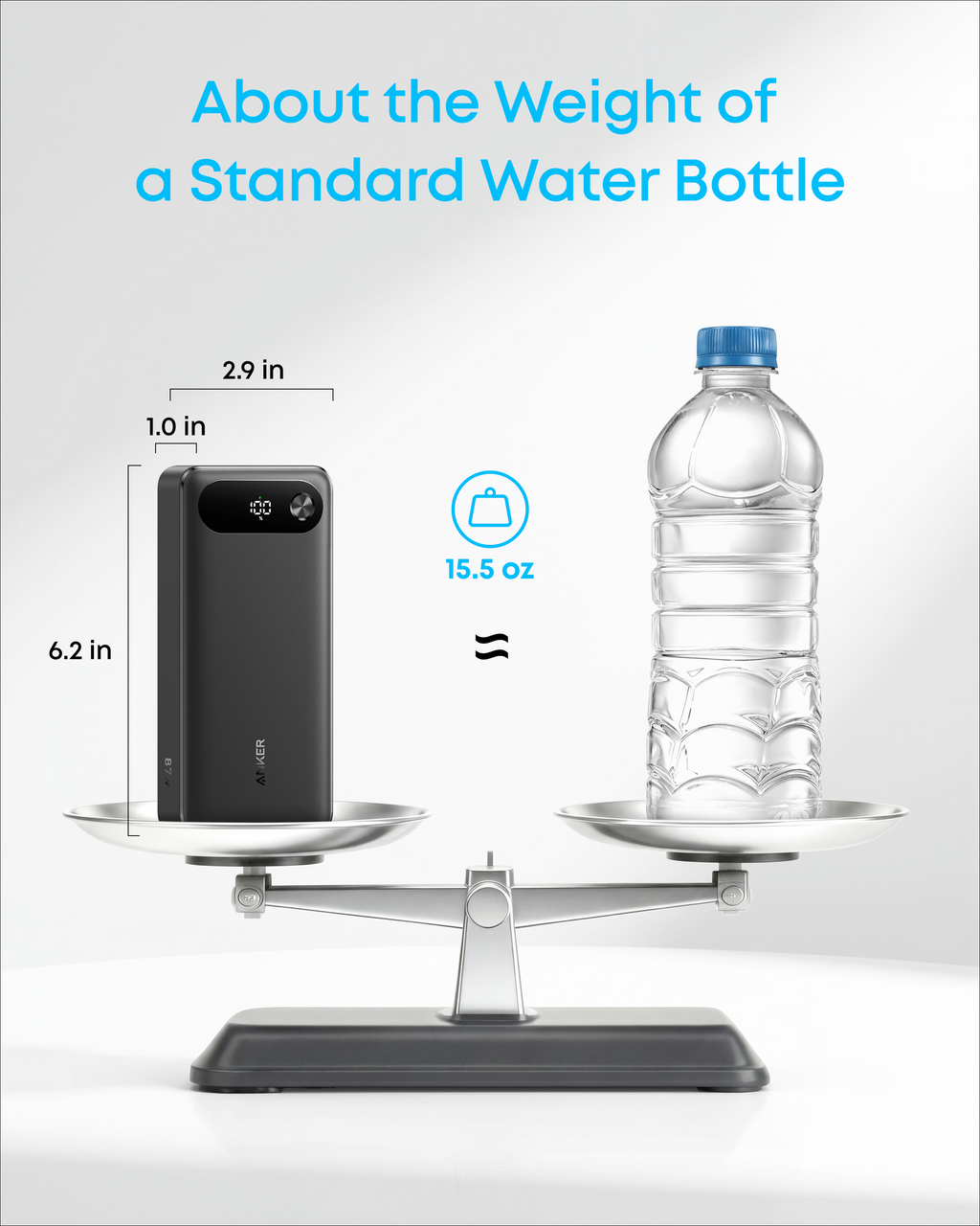 Smartphone and water bottle on a scale with text about weight comparison.