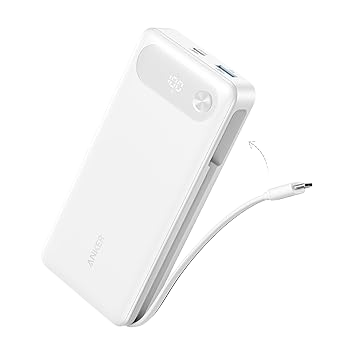 White power bank with charging cable on a white background