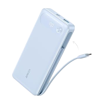 Anker power bank with a cable on a white background