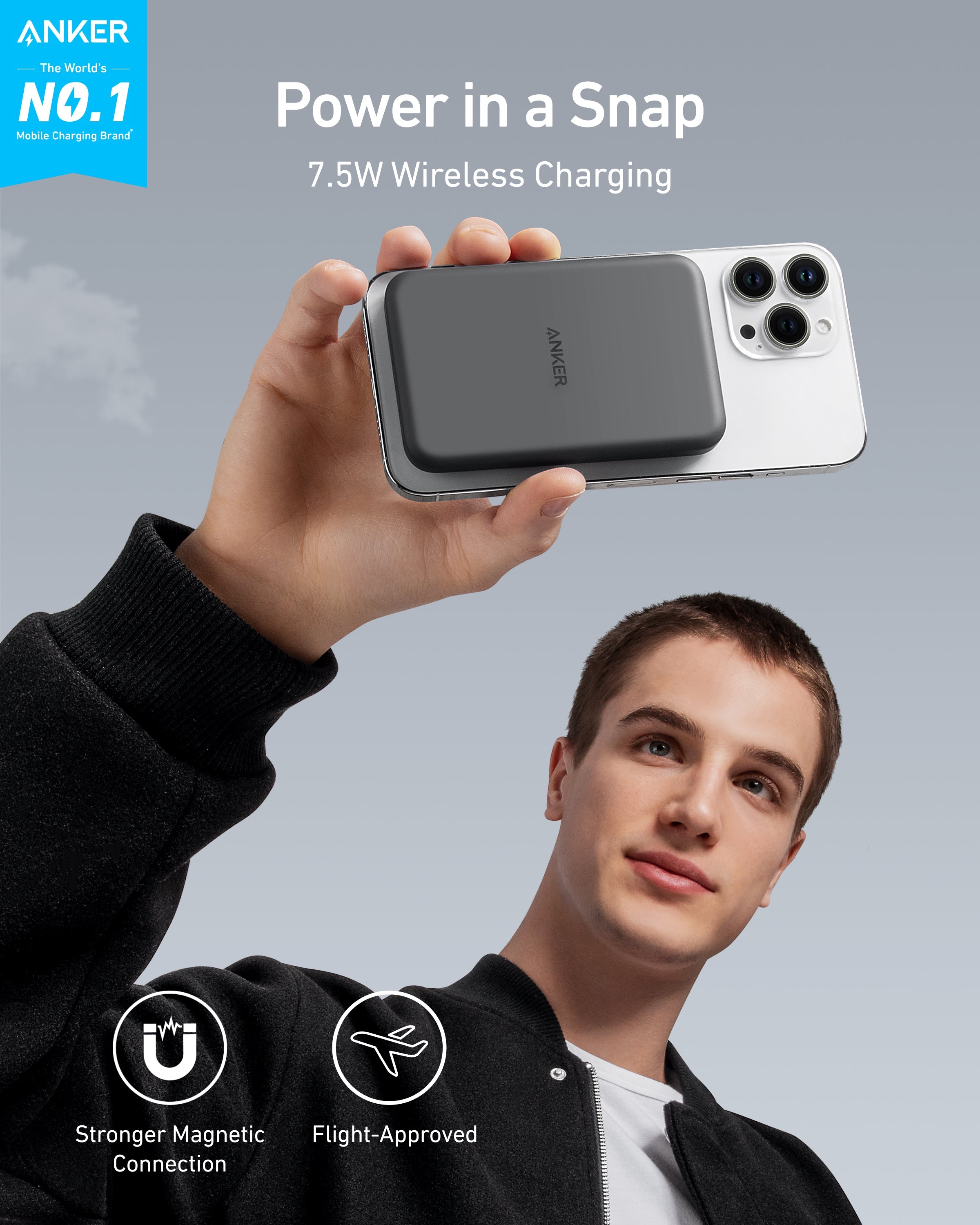 Person holding a wireless charging device with Anker branding and text about power and charging technology.