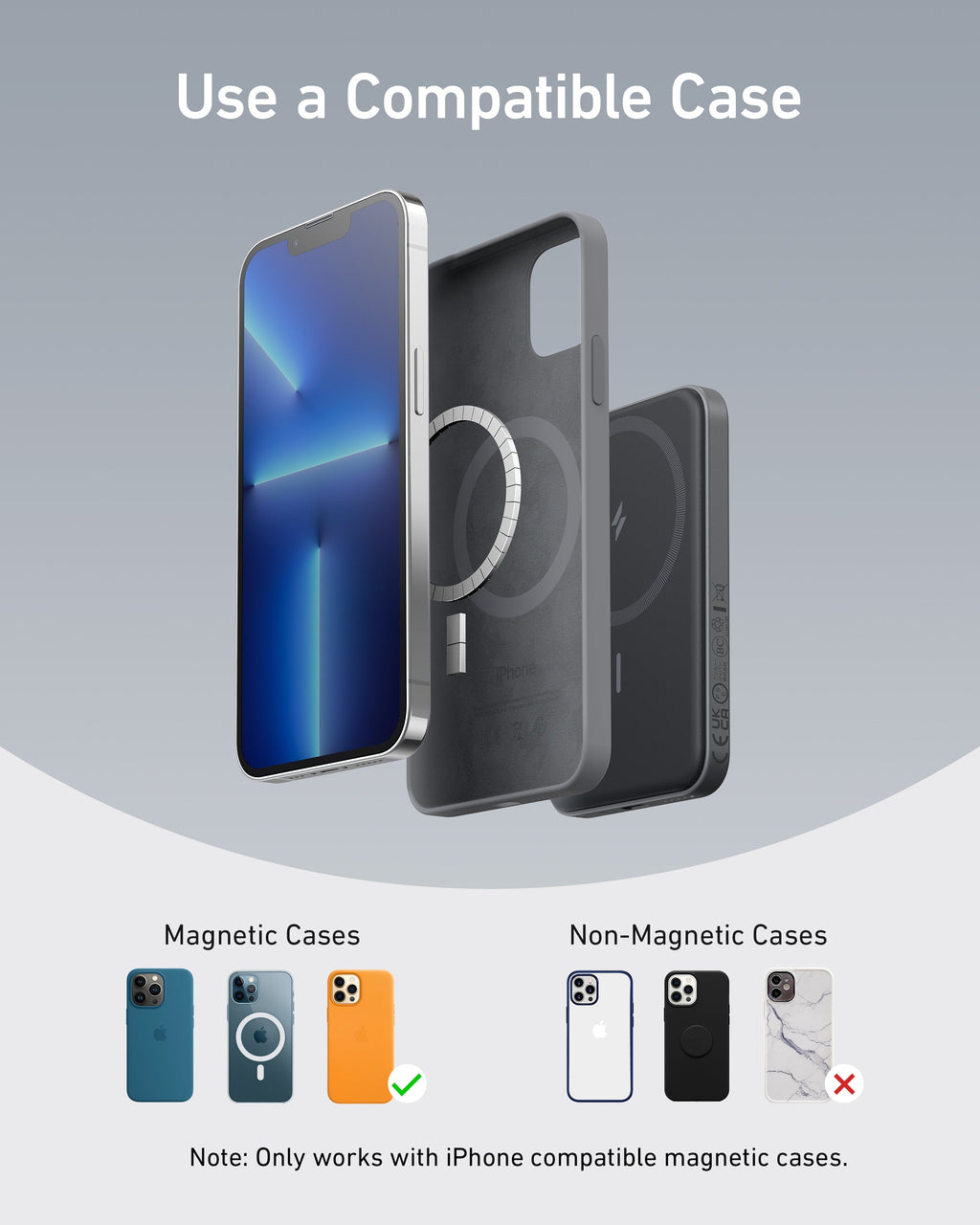 Phone cases with text indicating compatibility and types of cases.