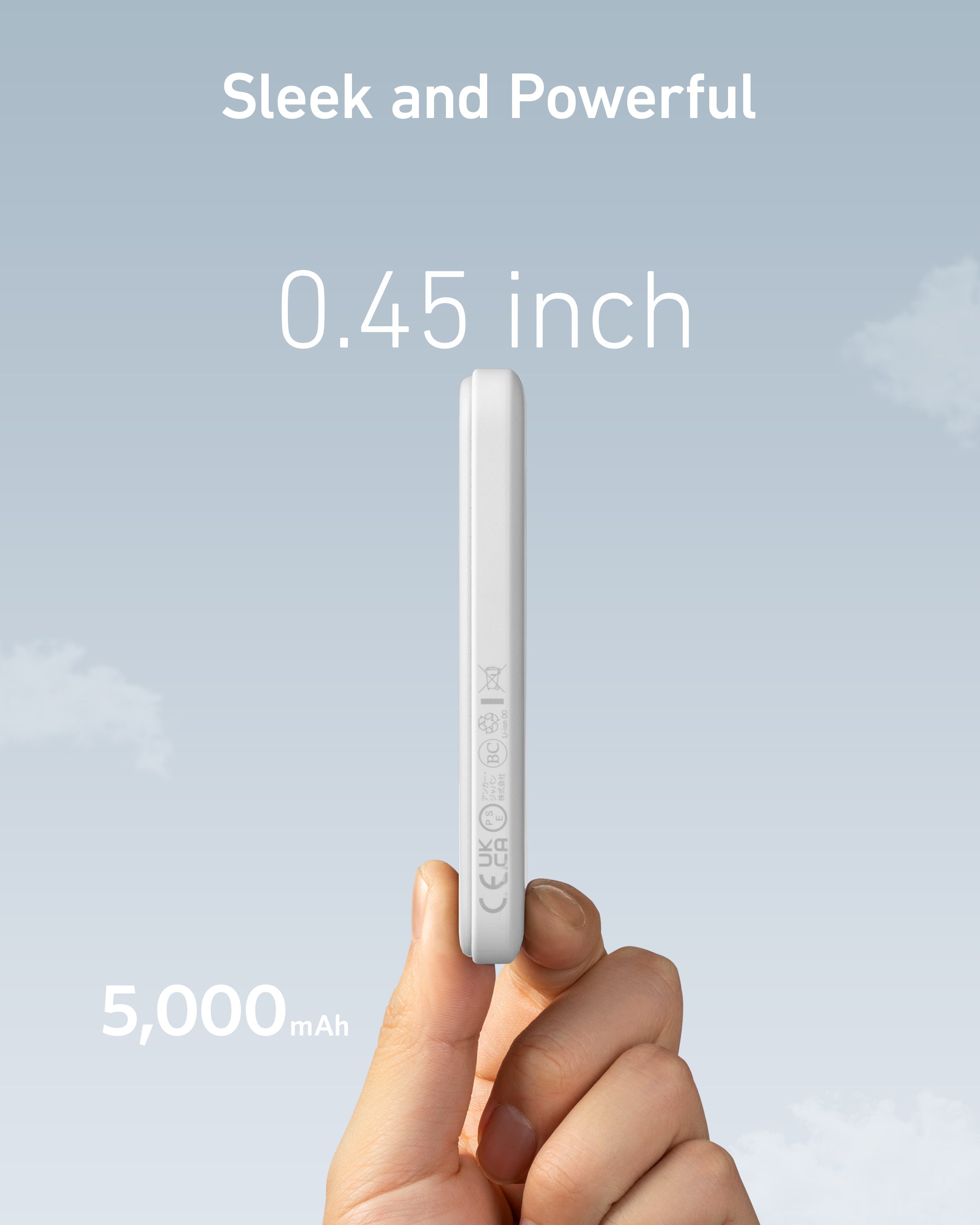 Hand holding a small white device with text indicating '0.45 inch' and '5,000 mAh' on a light blue background.