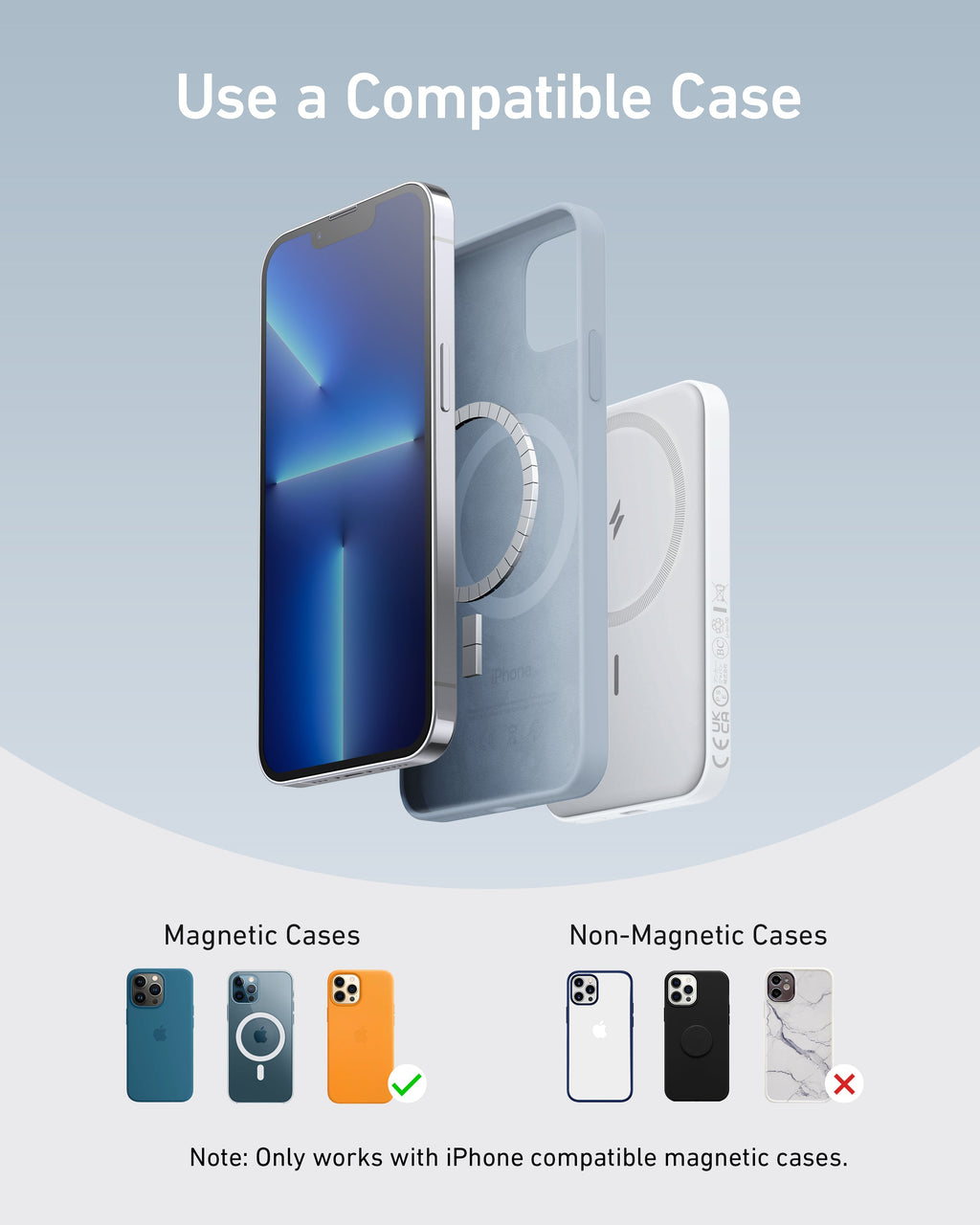 Phone with magnetic case compatibility guide on a light blue background
