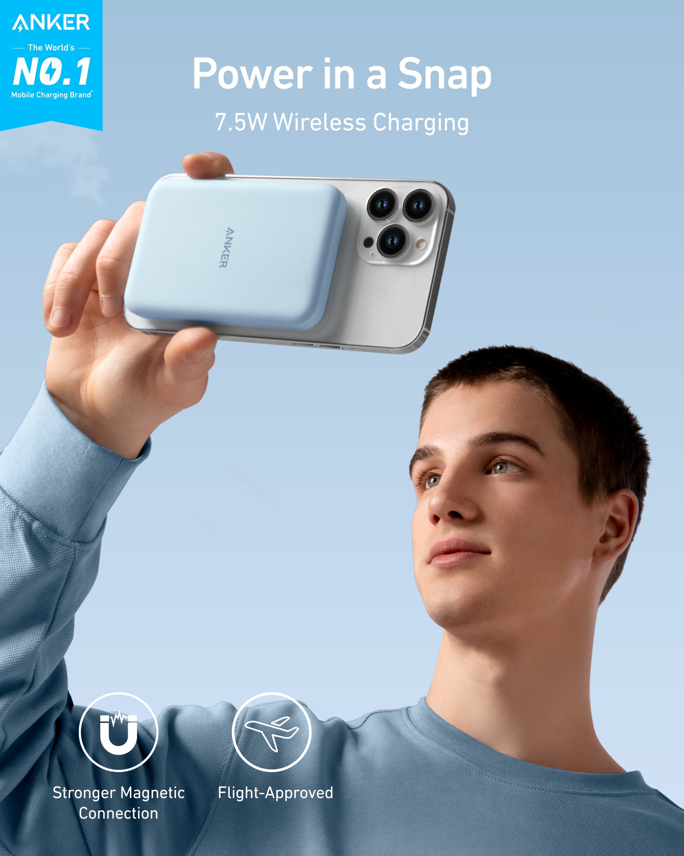Person holding a phone with a wireless charging case against a light blue background, featuring Anker branding.