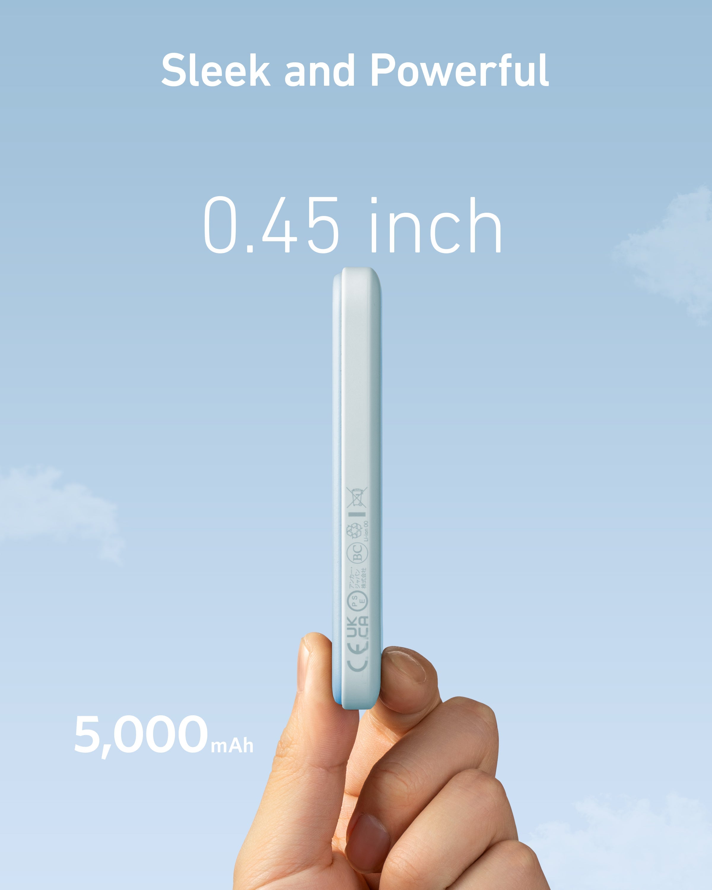 Hand holding a small device with text indicating its thickness and battery capacity against a light blue background.