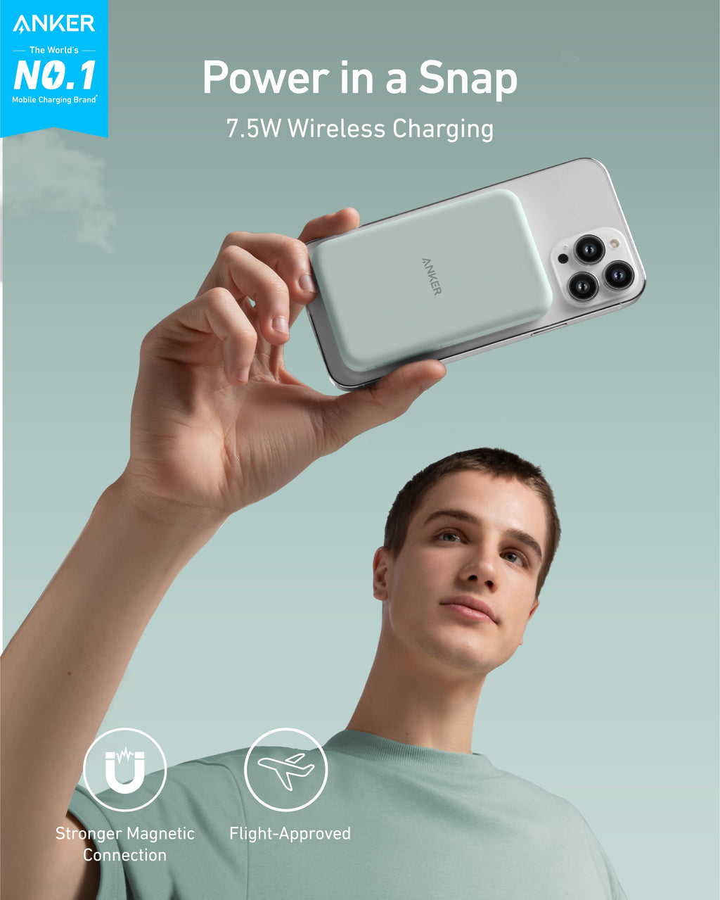 Person holding a smartphone with wireless charging feature, featuring Anker branding.