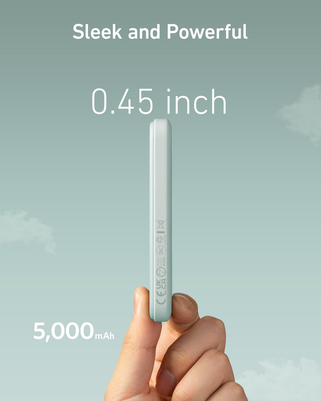 Hand holding a small device with text indicating its thickness and battery capacity on a light blue background