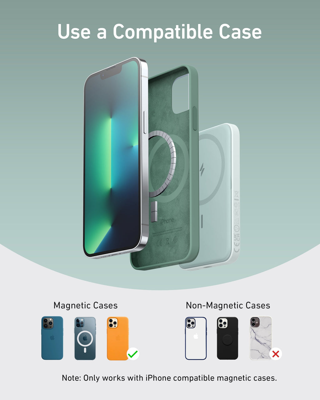 Smartphone with a green case on a light gray background, featuring text about compatible cases.