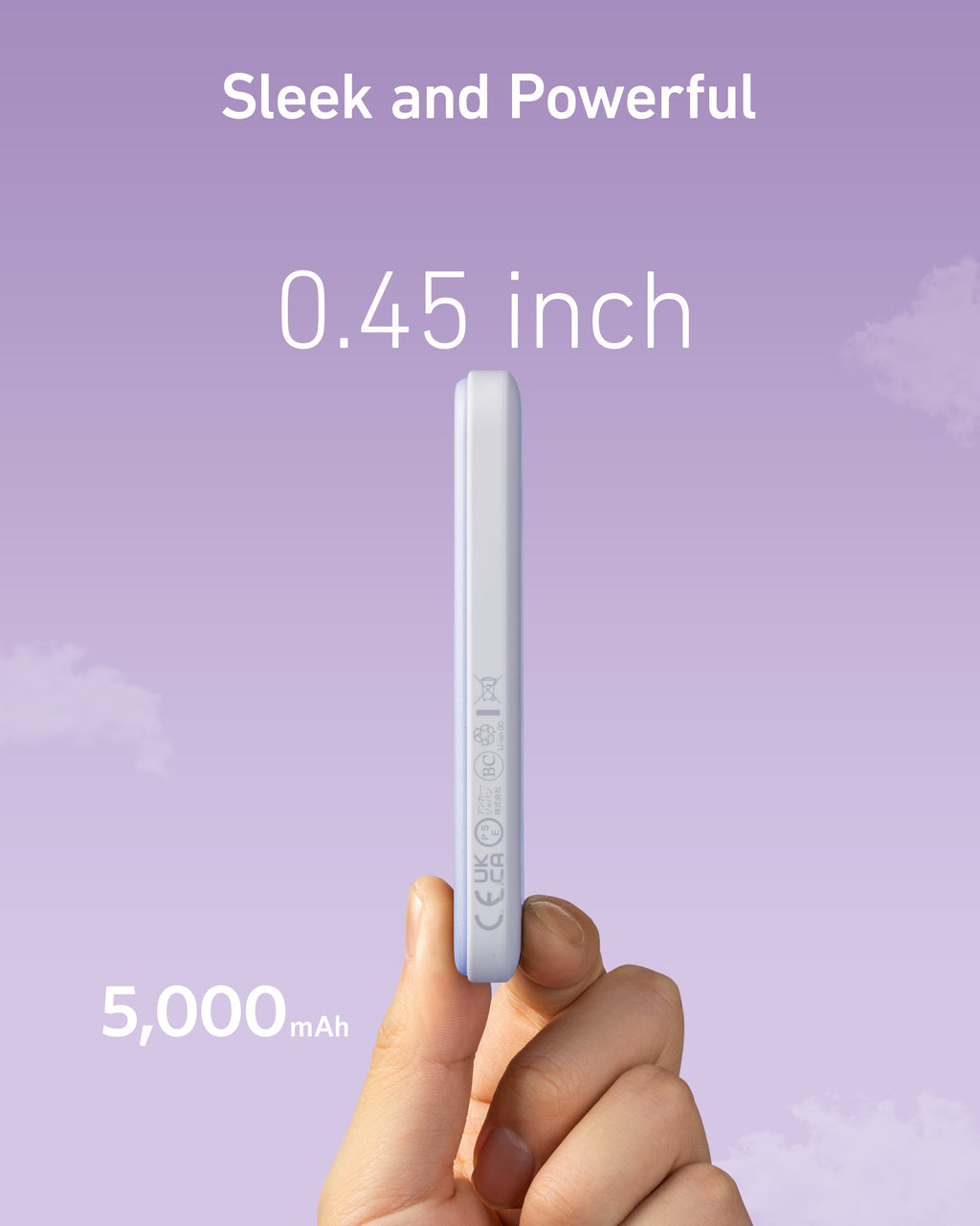 Hand holding a small device with text indicating thickness and battery capacity on a purple background