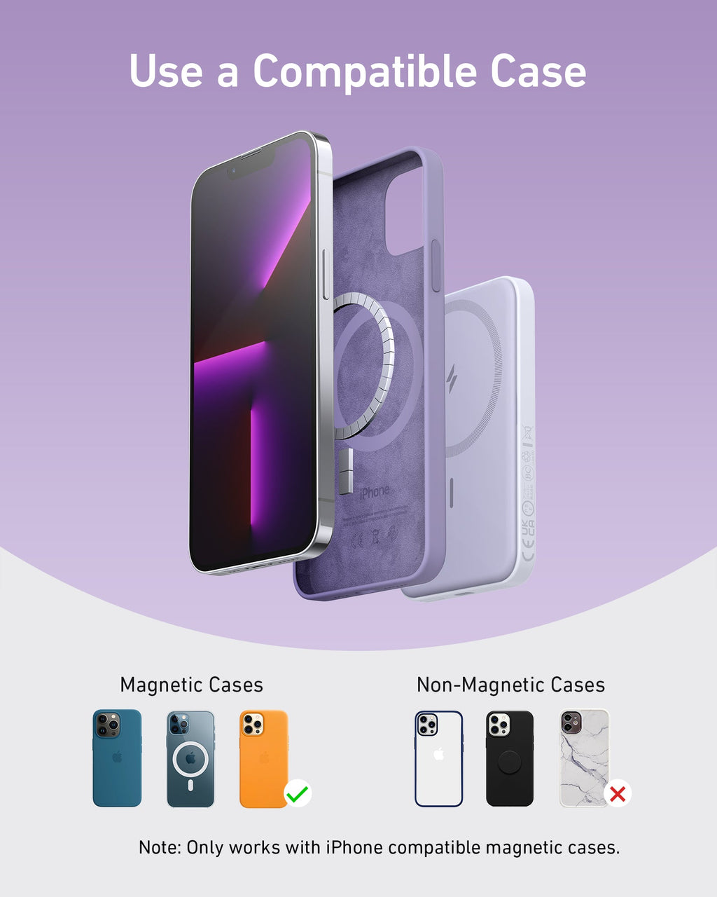 Smartphone with magnetic case feature on a purple background