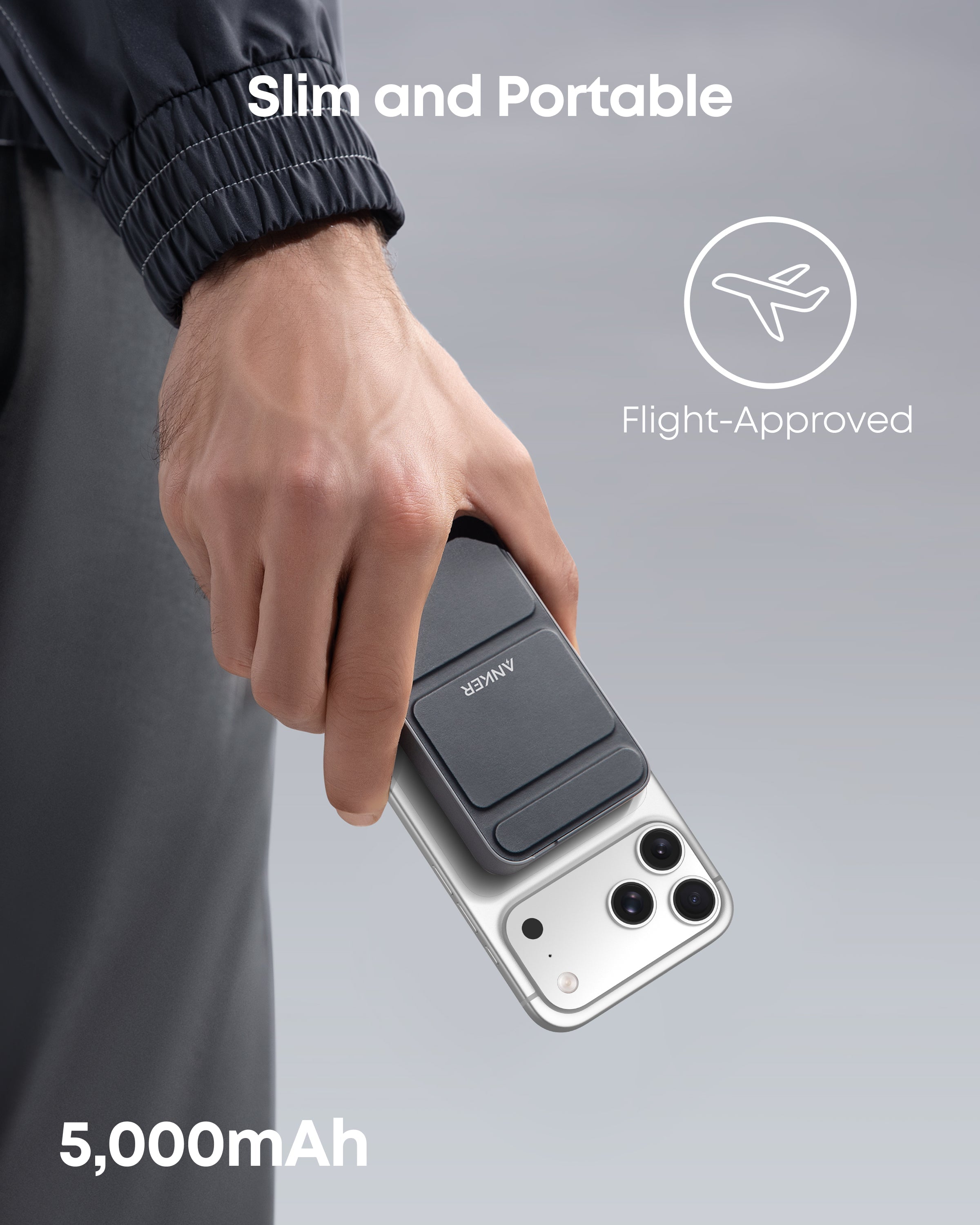 Hand holding a smartphone with a battery case, labeled 'Slim and Portable', 'Flight-Approved', and '5,000mAh'.