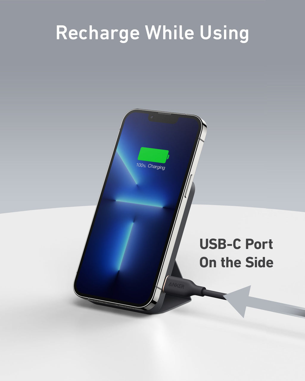 Phone with a charging cable connected to a stand, displaying a charging icon on the screen.