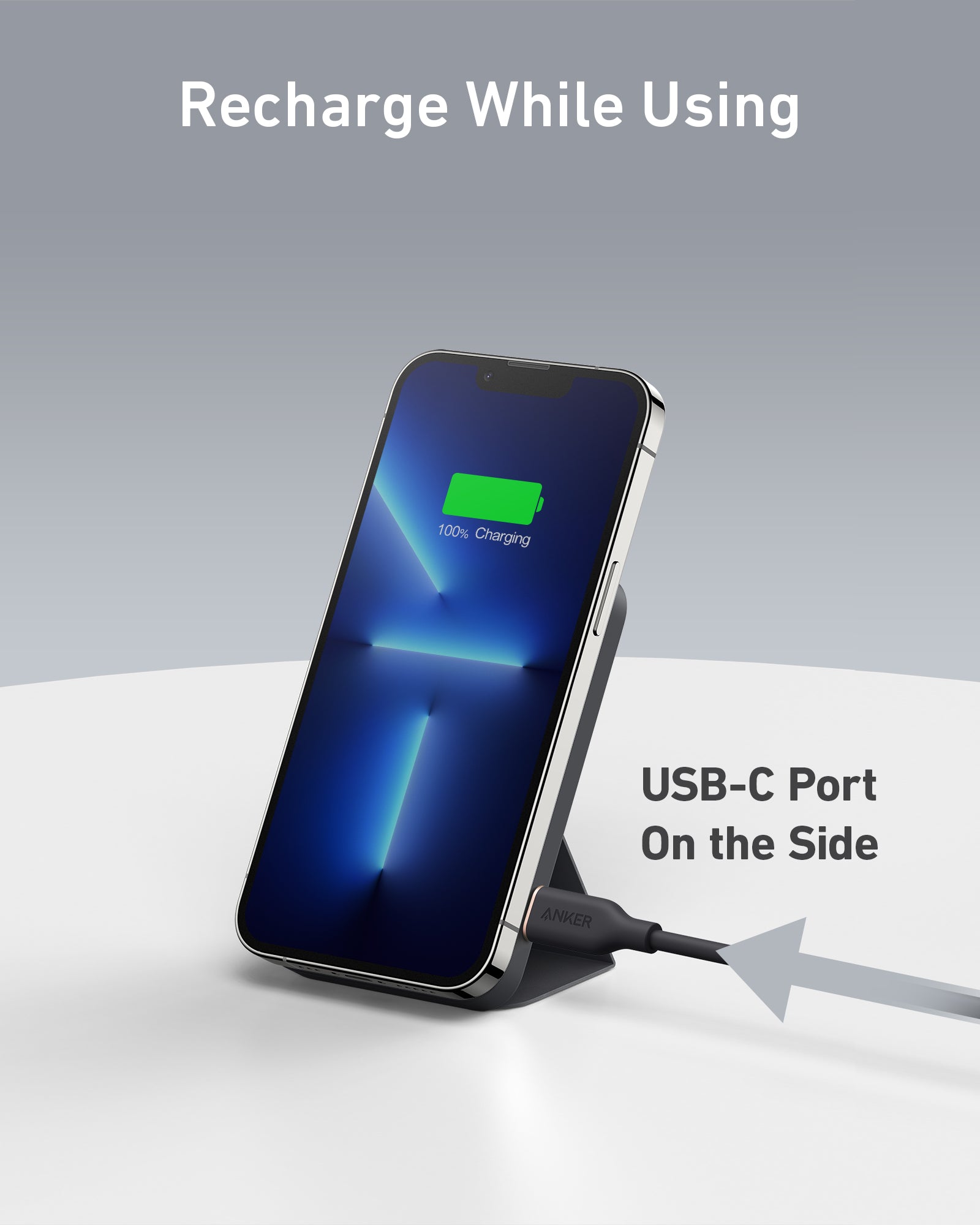 Phone with a charging cable connected to a stand, displaying a charging icon on the screen.