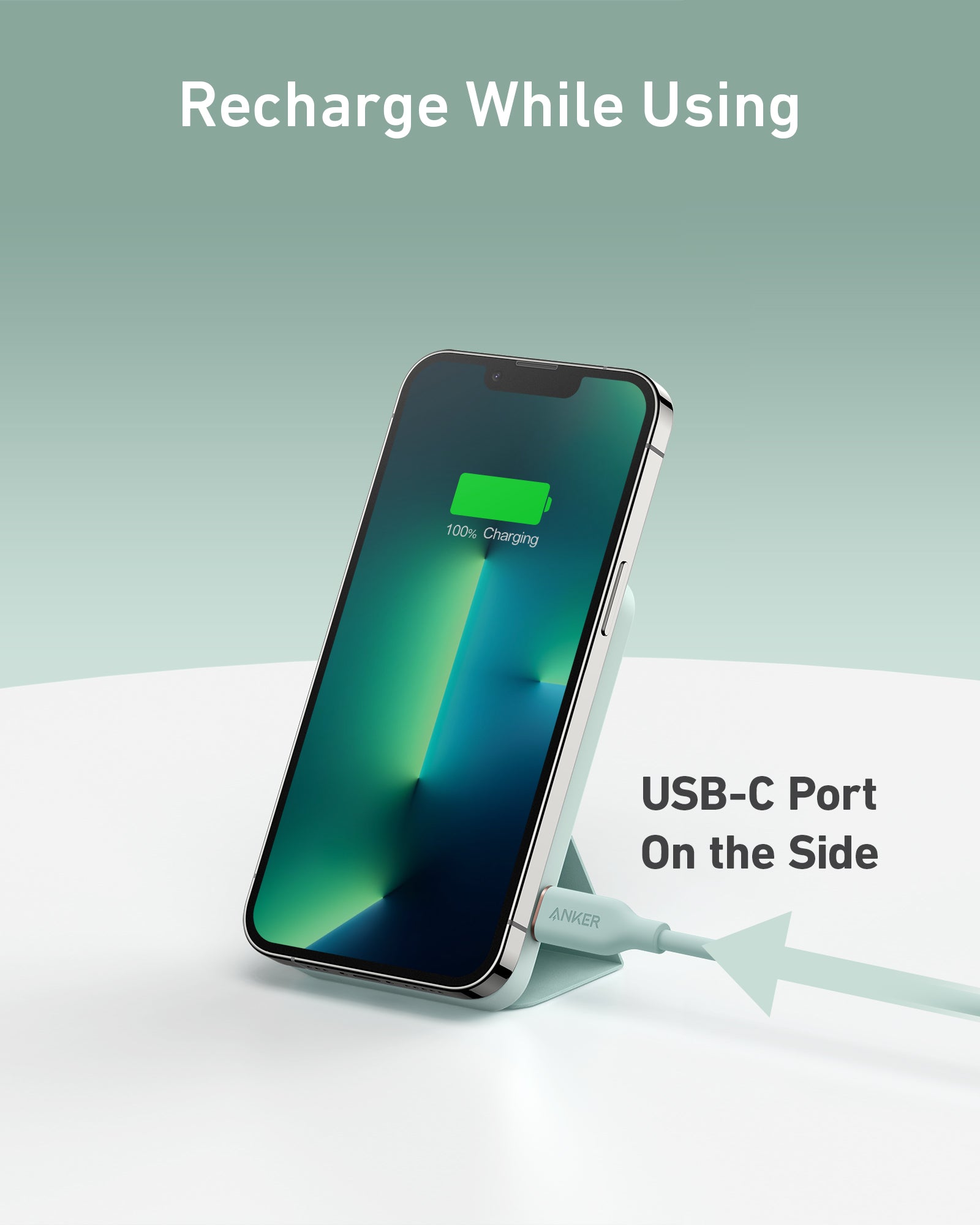 Smartphone with a charging cable connected to a USB-C port on a light gray background.
