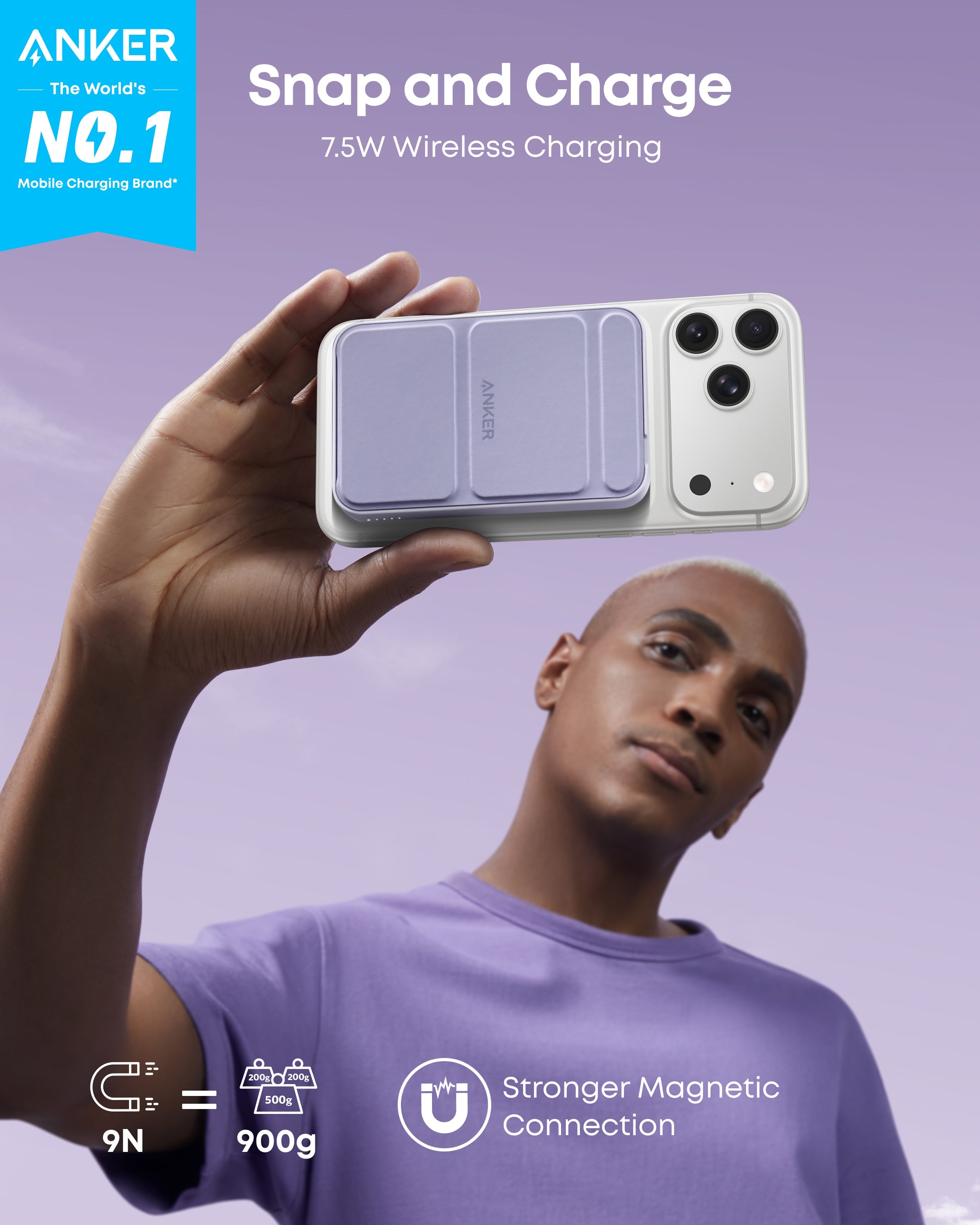 Person holding a phone with an Anker wireless charging case against a purple background