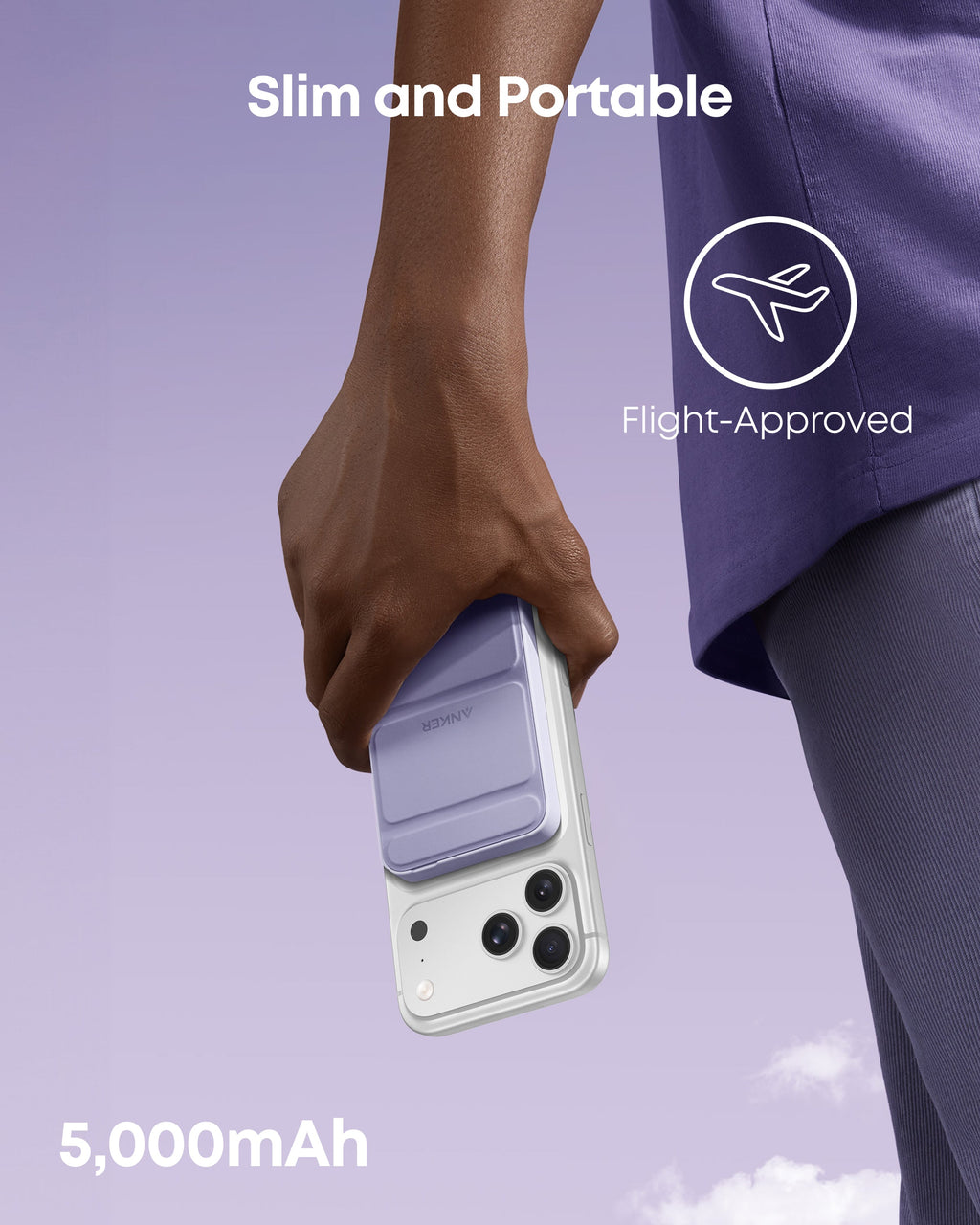 Hand holding a phone case with 'Slim and Portable', 'Flight-Approved', and '5,000mAh' text on a purple background.