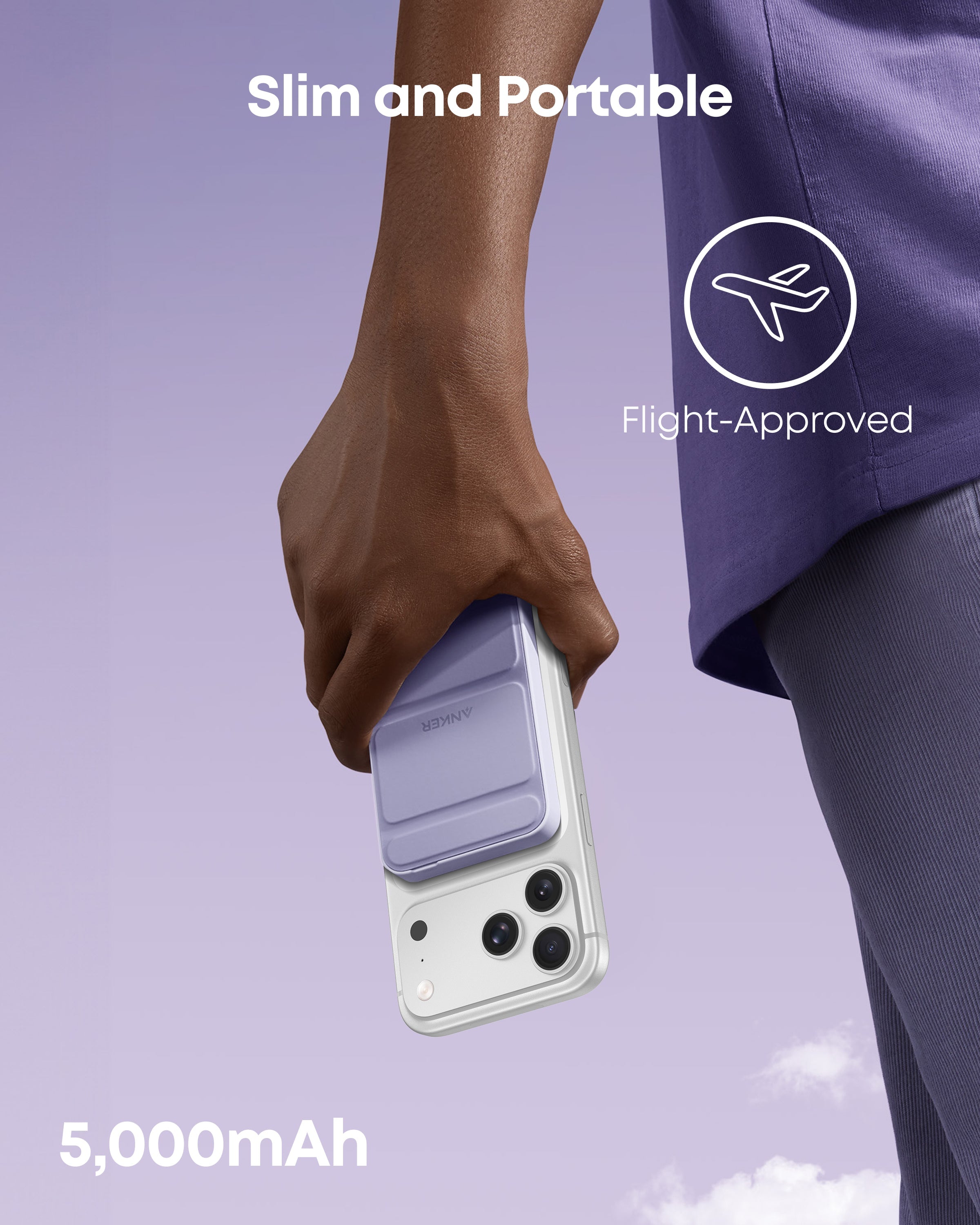 Hand holding a phone case with 'Slim and Portable', 'Flight-Approved', and '5,000mAh' text on a purple background.