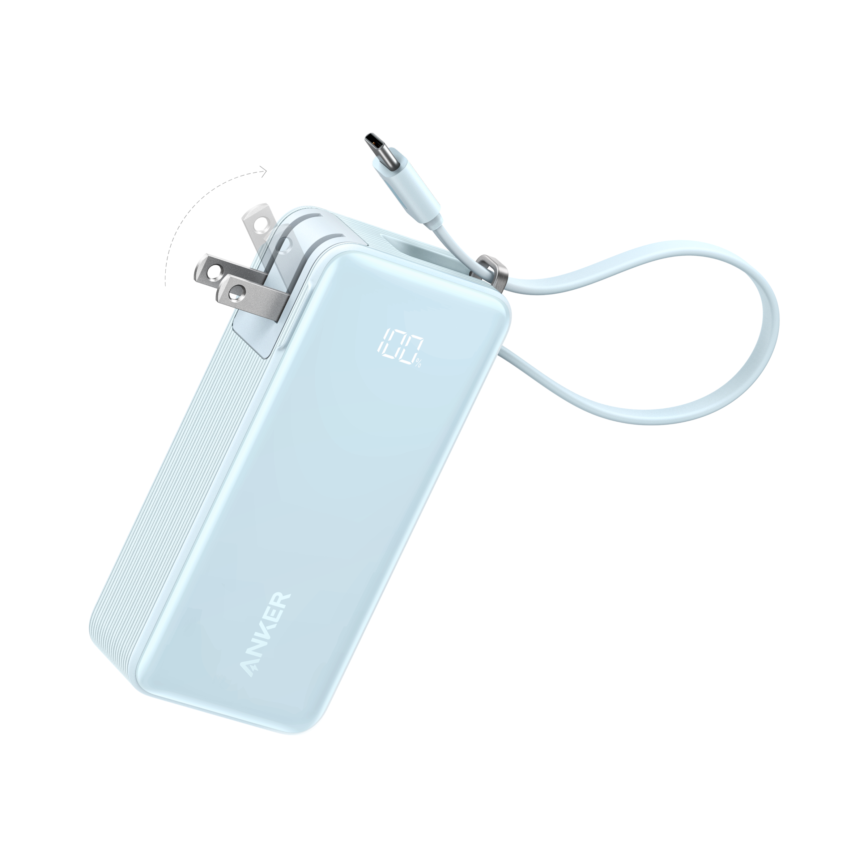Light blue power bank with USB cable on a white background