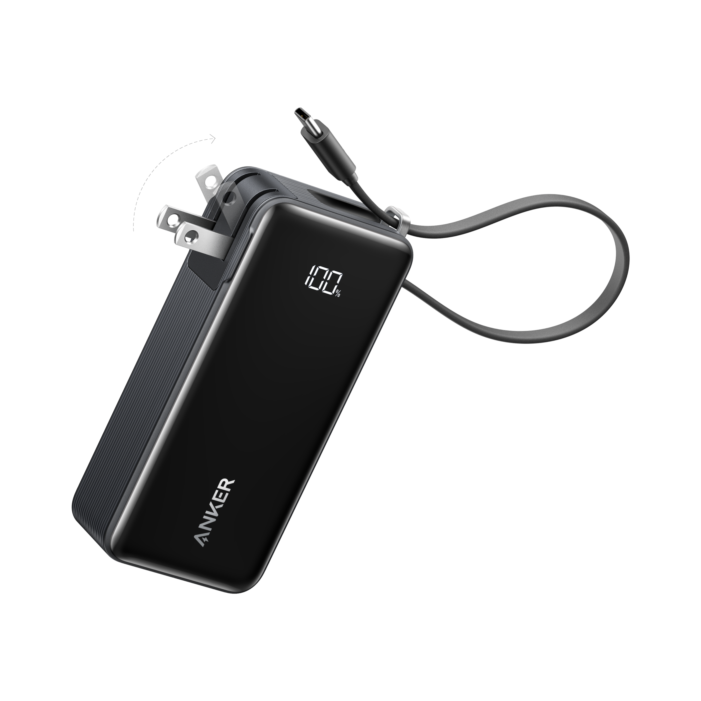 Black Anker power bank with USB cable on a white background