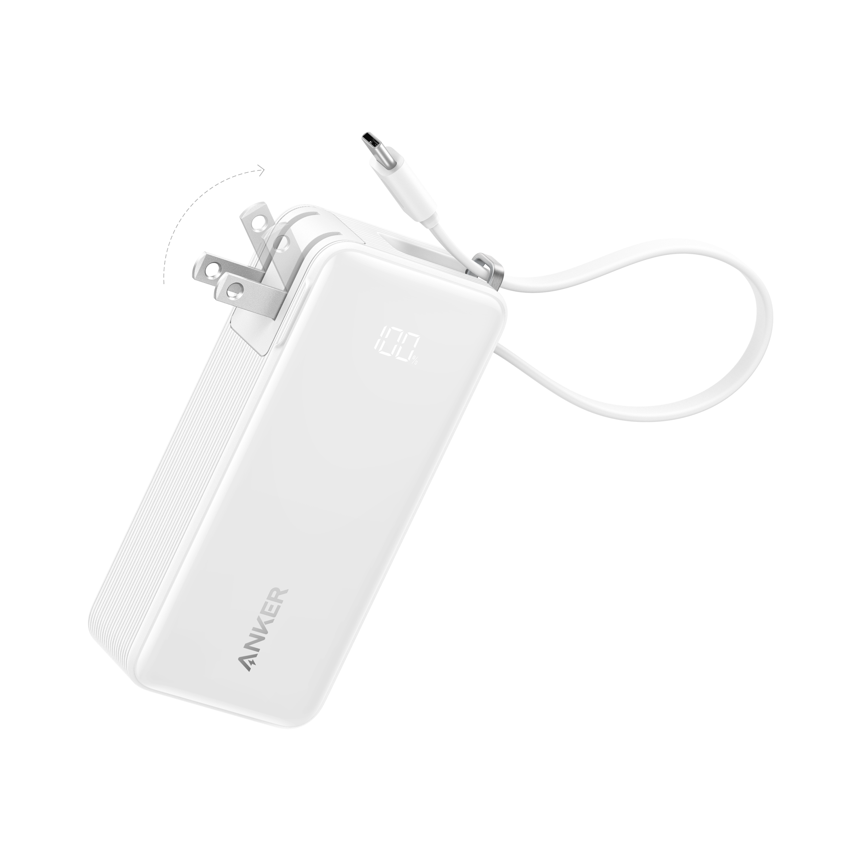 White power bank with USB cable on a white background