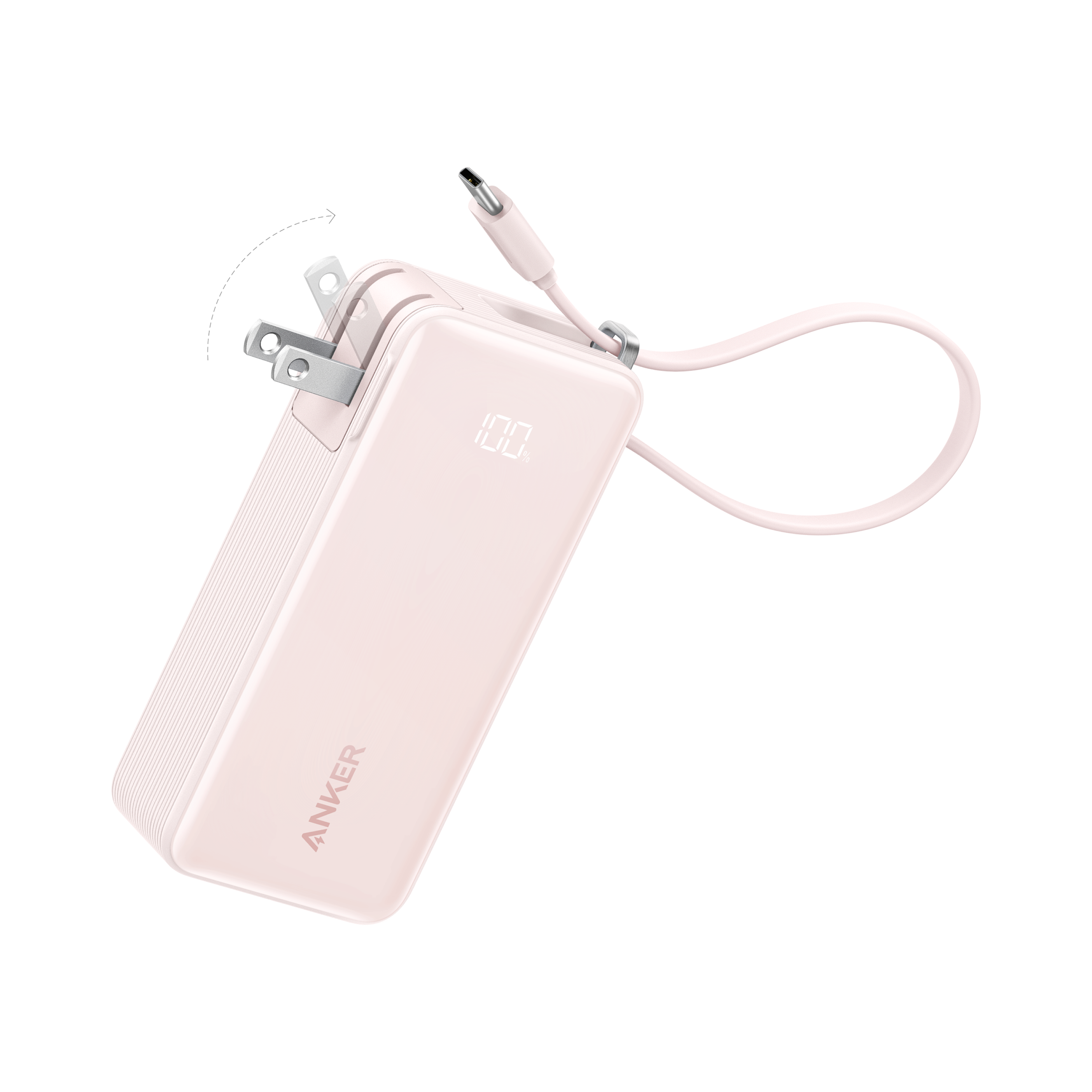 Pink Anker power bank with USB cable on a white background