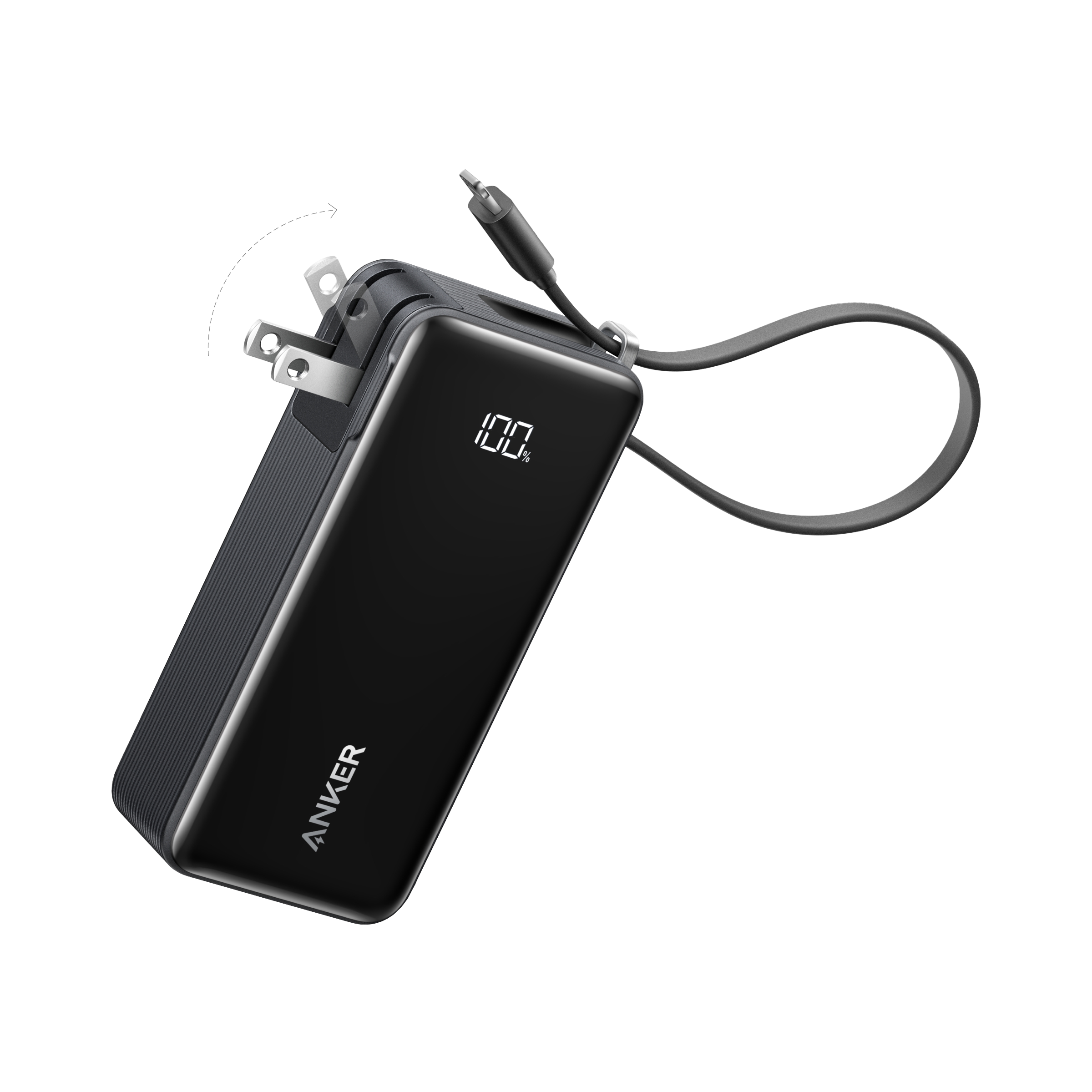 Black Anker power bank with USB cable on a white background