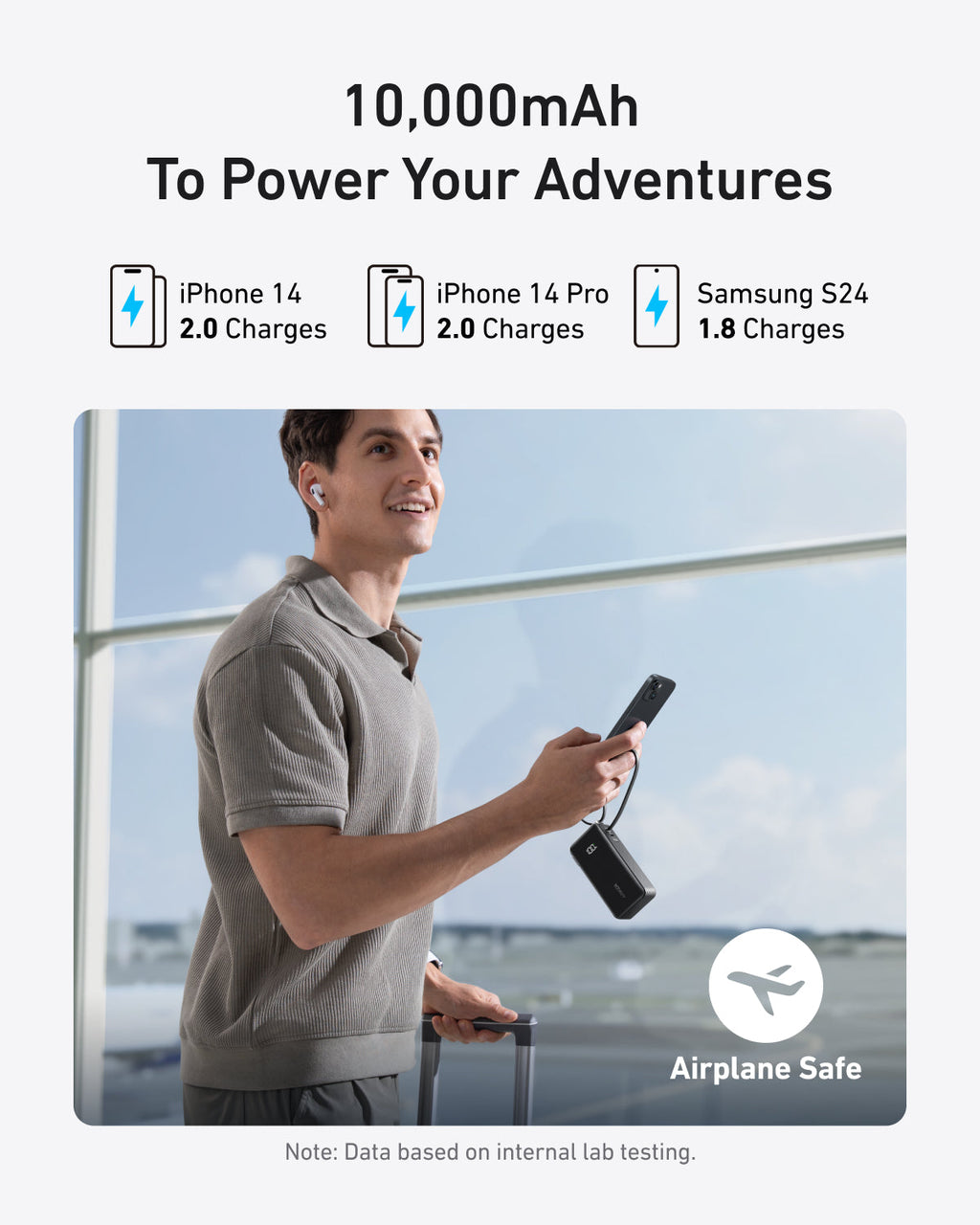 Person holding a portable charger with text about battery capacity and features, set against an airport window background.