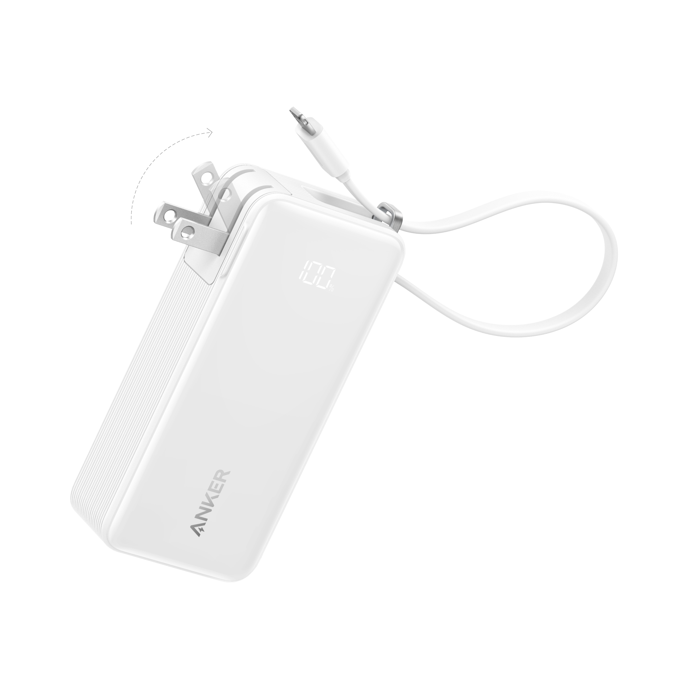 White power bank with charger cable on a white background, featuring Anker branding.