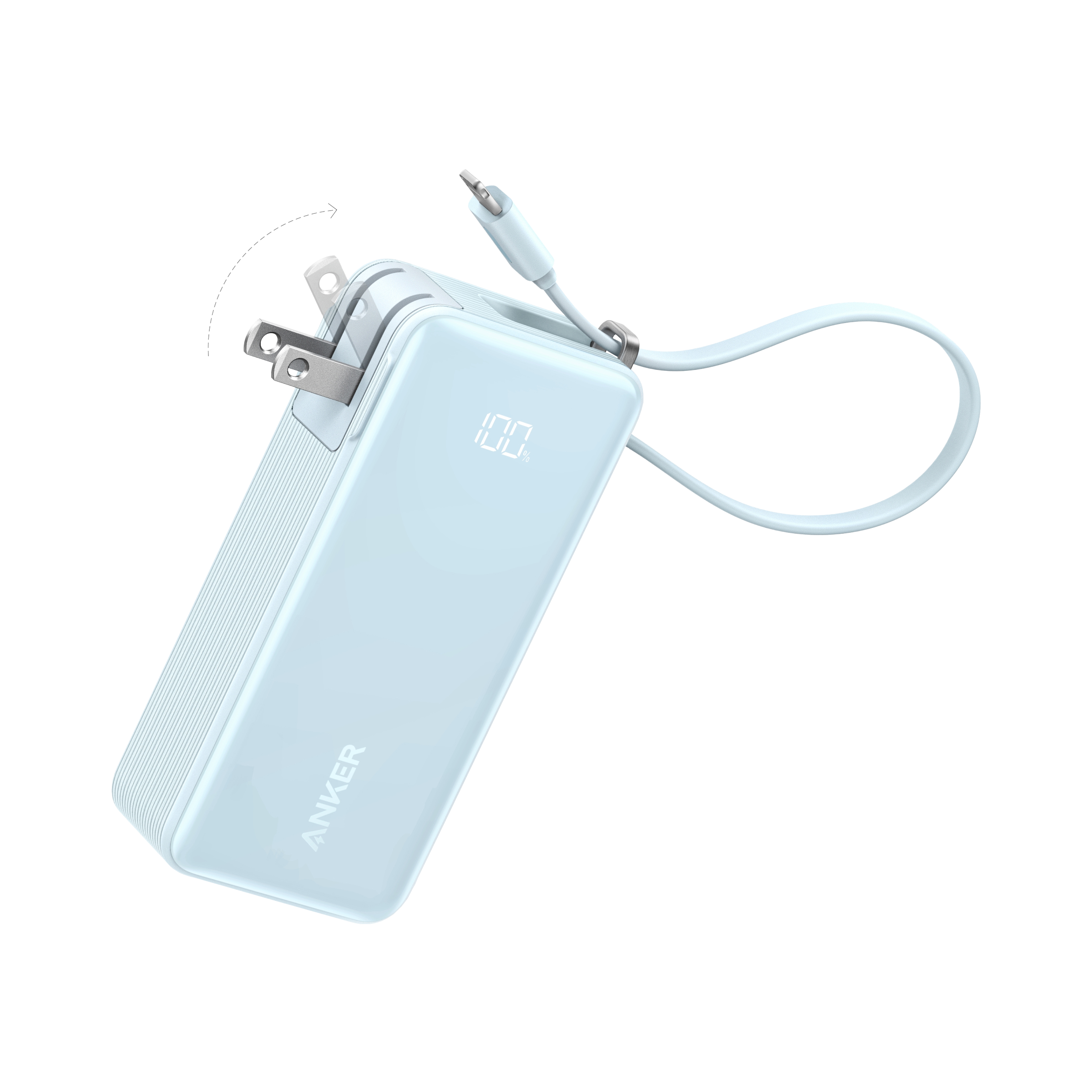 Light blue power bank with USB cable on a white background