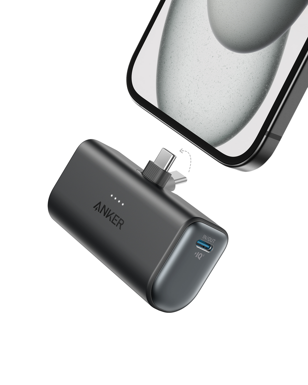 Anker power bank with lightning and USB-C connectors on a white background