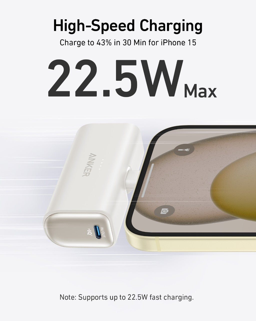Anker power bank with smartphone on a white background, highlighting high-speed charging capabilities.
