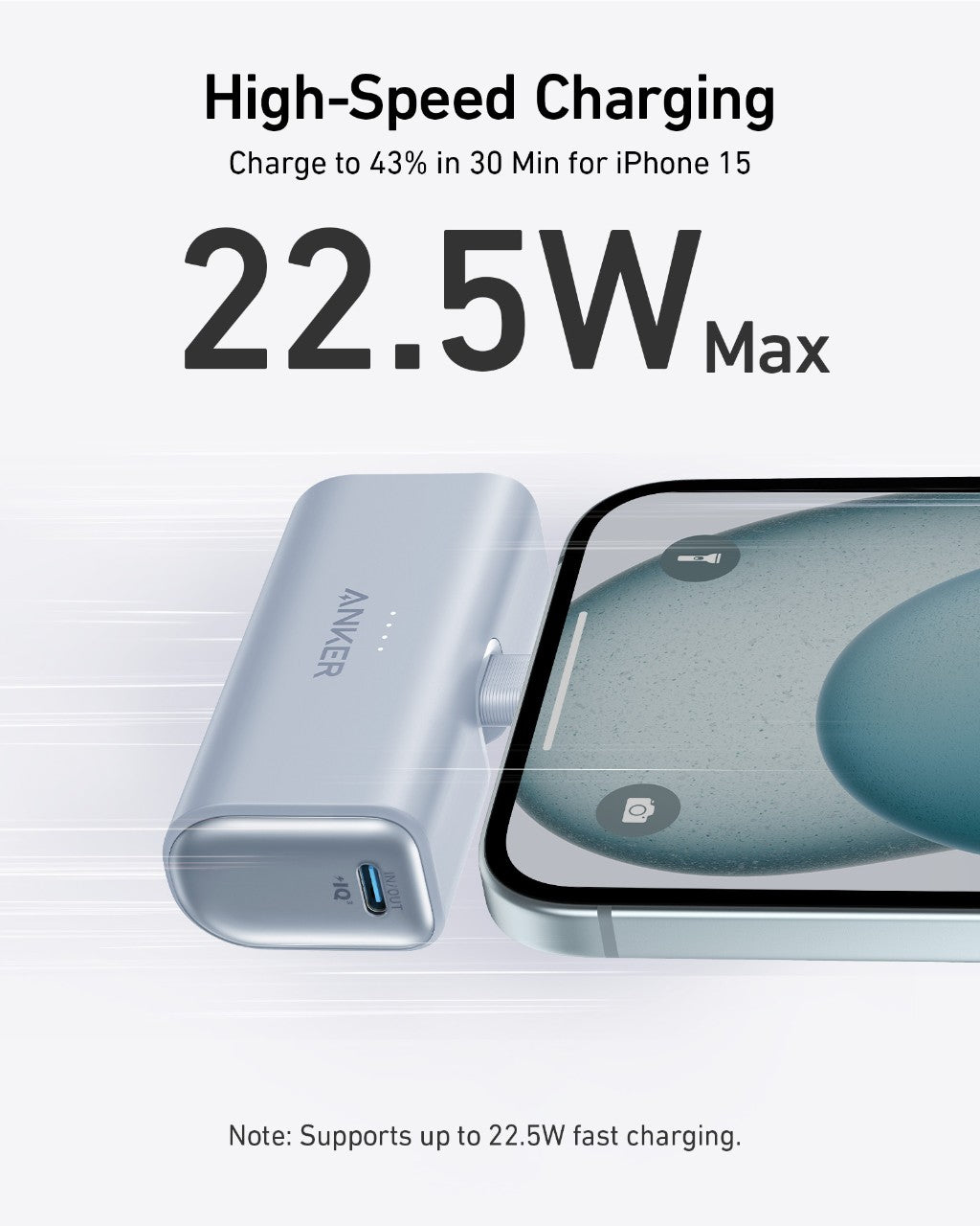 Anker power bank with smartphone showing fast charging capabilities on a white background