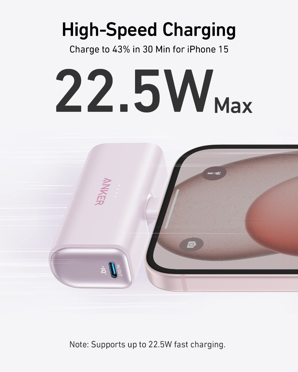 Anker power bank with smartphone on white background, highlighting high-speed charging capabilities.