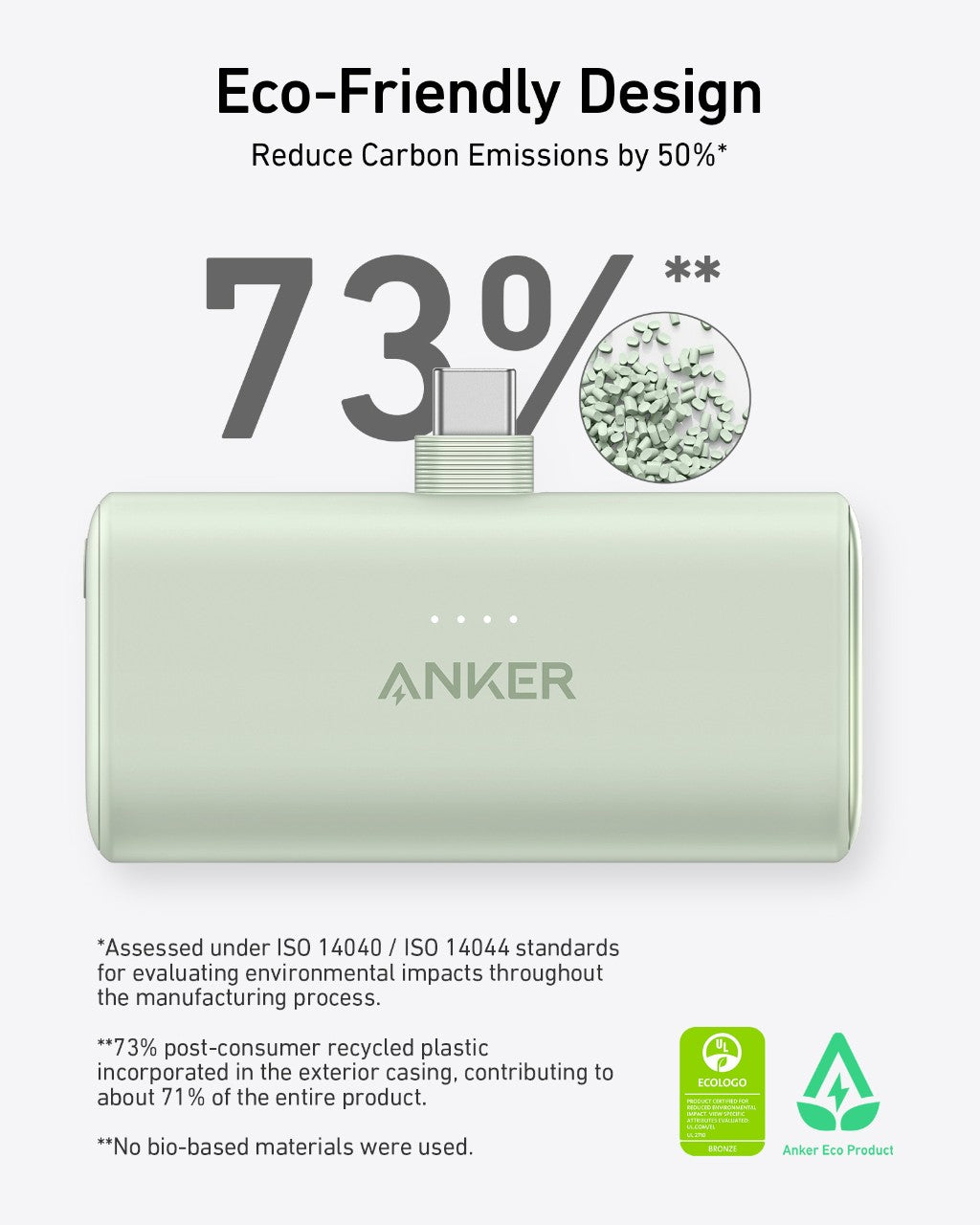 Anker eco-friendly power bank with recycling information on a white background